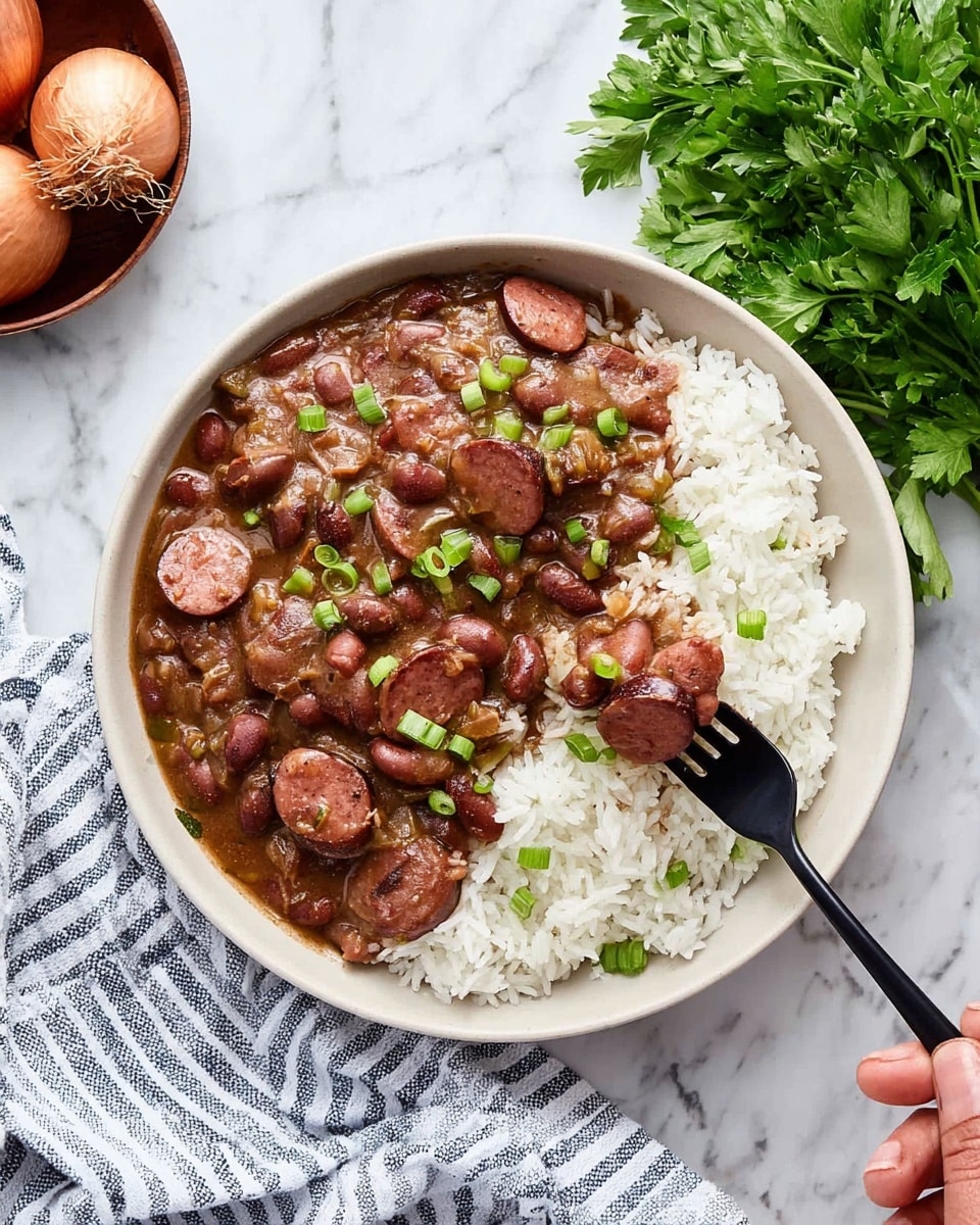 A white bowl holds two layers: the bottom layer is fluffy white rice with a soft texture, and the top layer is a thick stew with reddish-brown beans and slices of brown sausage mixed throughout. The stew is generously spread over the rice, with small pieces of chopped green onions scattered on top for color. A black fork is lifting some stew and rice from the bowl, held by a woman's hand. The bowl is placed on a white marbled surface with some fresh parsley to the right and onions in a small brown bowl on the upper left. A white and blue striped cloth is partly visible under the bowl on the left side. Photo taken with an iphone --ar 4:5 --v 7