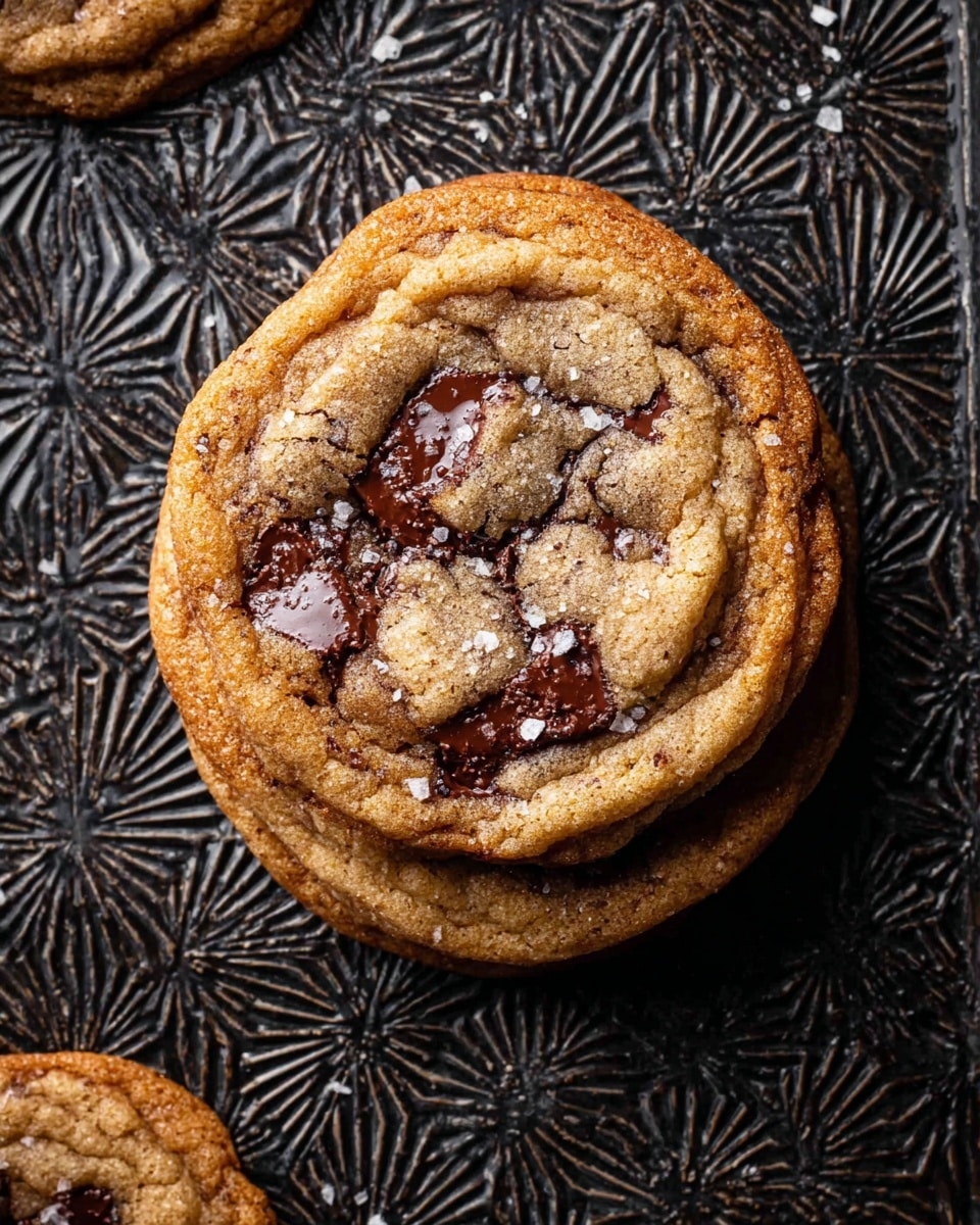 A stack of three round cookies with a golden brown color sits in the center, each cookie showing a soft, slightly wrinkled texture with visible dark chocolate chunks melted across the surface. The top cookie has a light sprinkle of coarse salt flakes. The cookies rest directly on a patterned textured black baking tray with a geometric starburst design. The lighting highlights the warm tones and softness of the cookies while capturing the texture of the salt and chocolate. Photo taken with an iphone --ar 4:5 --v 7