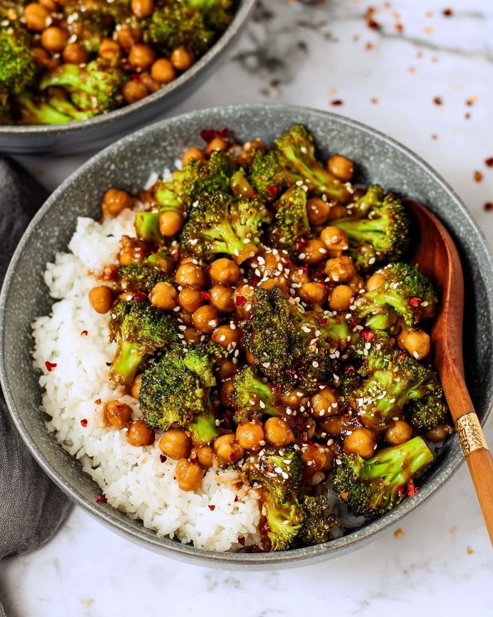 A bowl filled with a layer of white rice at the bottom, topped with a mix of green broccoli florets and brown chickpeas covered in a shiny sauce, sprinkled with white sesame seeds and small red chili flakes. The bowl is grey textured and sits on a white marbled surface. A wooden spoon rests inside the bowl, partially submerged in the food, with its handle extending out towards the bottom right. In the background, another bowl with the same food is partially visible. photo taken with an iphone --ar 4:5 --v 7