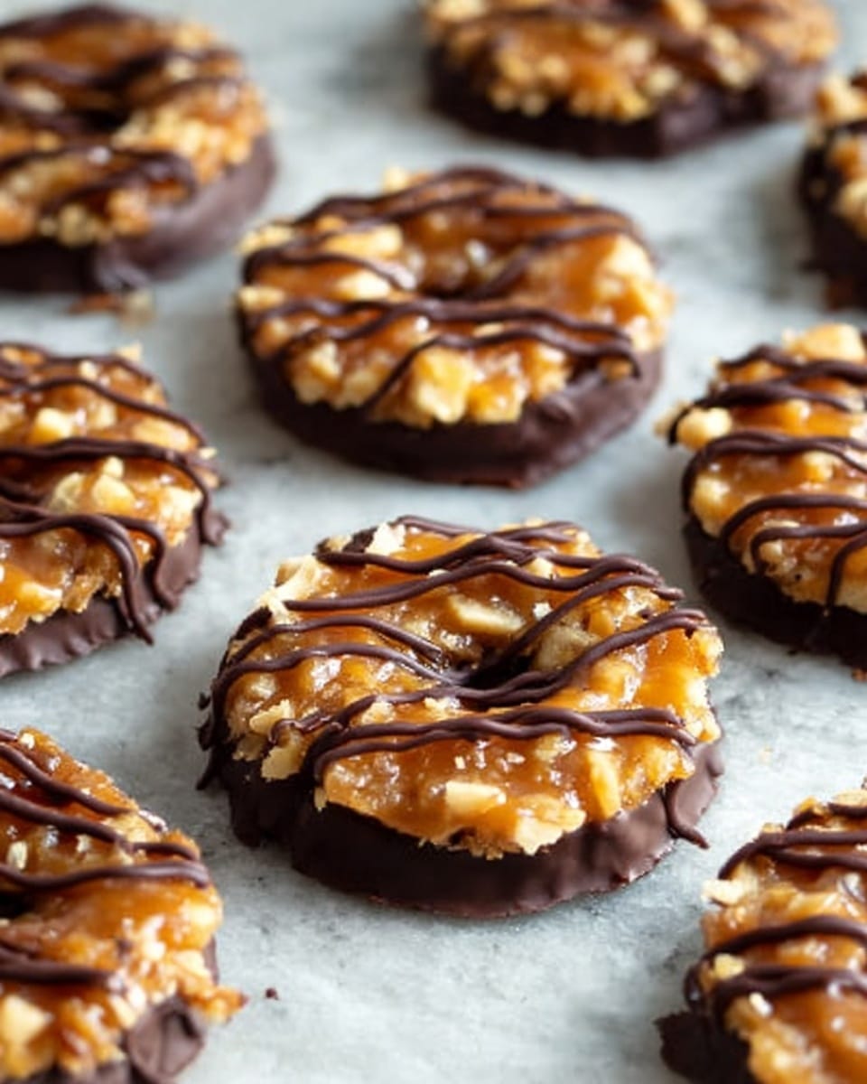 The image shows several round cookies on a white marbled surface. Each cookie has a base layer of chocolate that is smooth and dark brown, covering the bottom and edges. On top, there is a thick layer of sticky, light caramel mixed with small pieces of nuts, giving a rough texture. Over the caramel and nuts, there are thin lines of dark chocolate drizzled across the top in a neat pattern. The cookies are spaced evenly on the surface, and no other objects or hands are visible. photo taken with an iphone --ar 4:5 --v 7