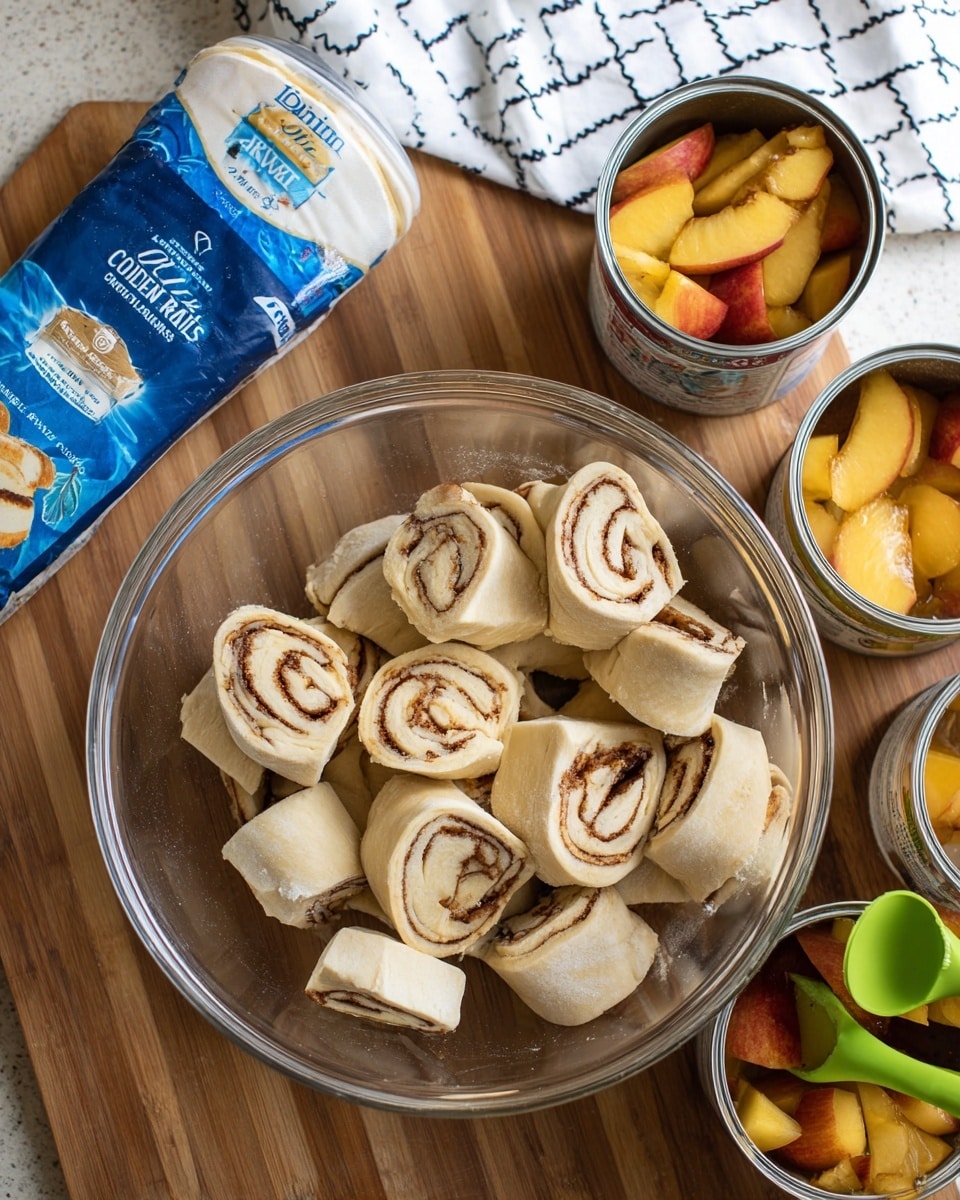 The image shows a clear glass bowl filled with several pieces of cinnamon roll dough, each cut into thick spirals with light beige dough and dark brown cinnamon swirls visible. The bowl is placed on a wooden surface, with an opened blue and white package labeled