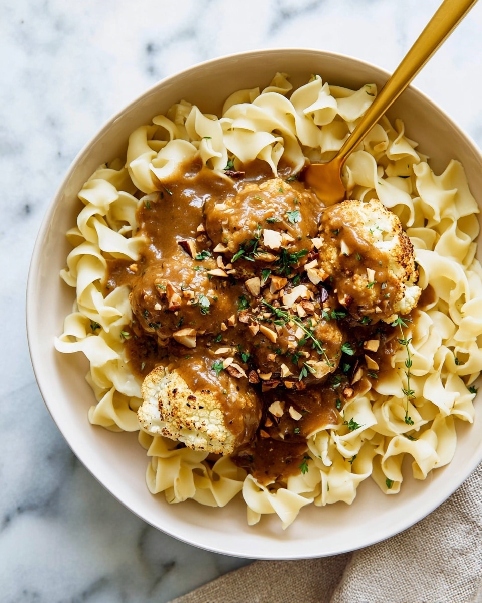 The image shows a white bowl filled with three layers: the bottom layer consists of light yellow egg noodles, forming a curly and textured base; on top, there are several brown meatballs covered in a thick brown sauce that looks rich and glossy; one meatball is broken open, revealing a melted white cheese center stretching slightly; the meatballs are sprinkled with tiny green herb leaves and light brown crunchy bits, adding texture and color; a gold fork rests inside the bowl, and the bowl is placed on a surface with a white marbled texture with a striped cloth nearby. Photo taken with an iphone --ar 4:5 --v 7