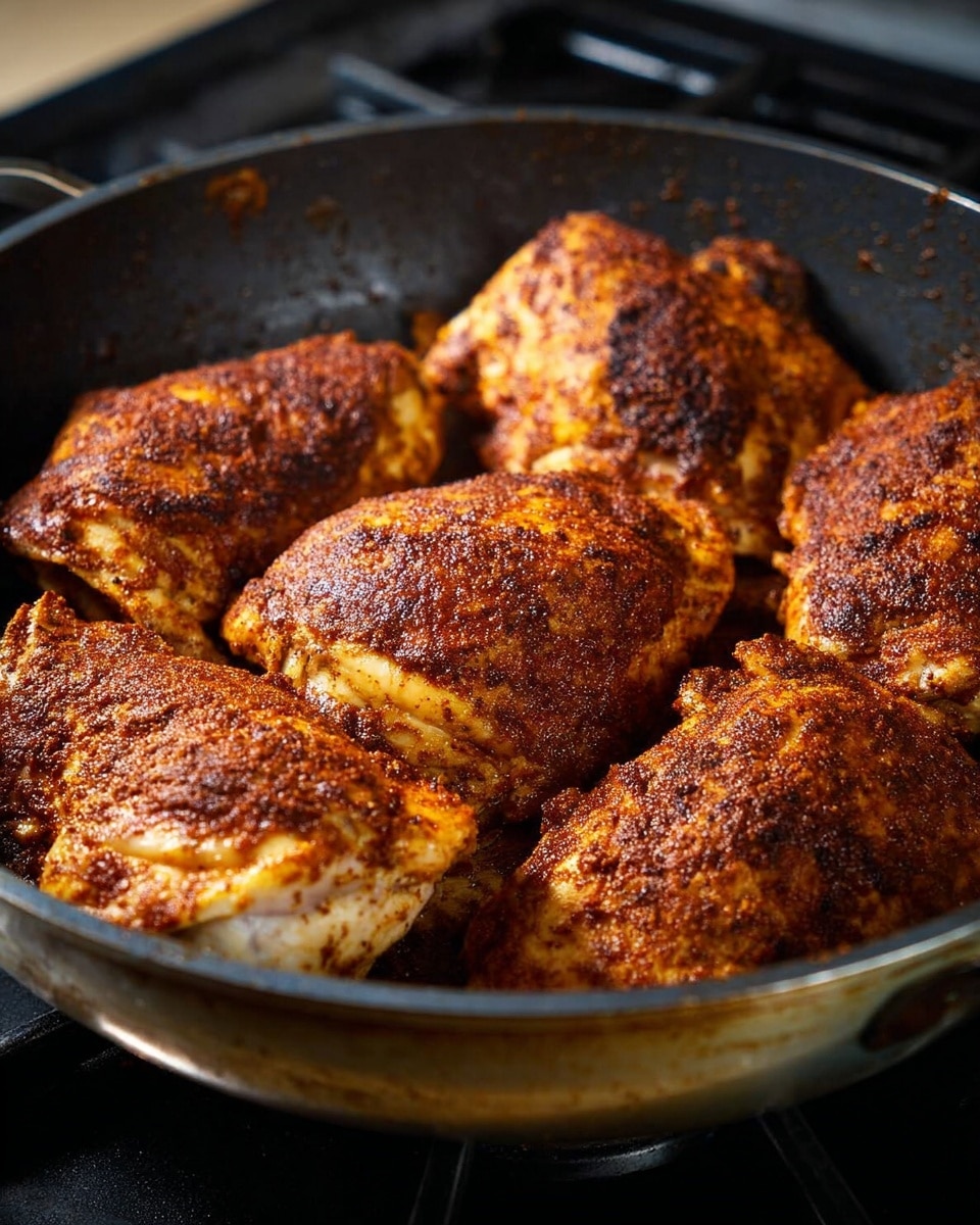 A black pan filled with six pieces of cooked chicken, each piece covered with a reddish brown spice rub that gives a textured, slightly crispy look. The chicken pieces are closely packed, showing cooked white meat beneath the spice layer. The edges of the pan are worn and the pan sits on a stovetop. The lighting highlights the rich brown color of the spice mix on the chicken. photo taken with an iphone --ar 4:5 --v 7