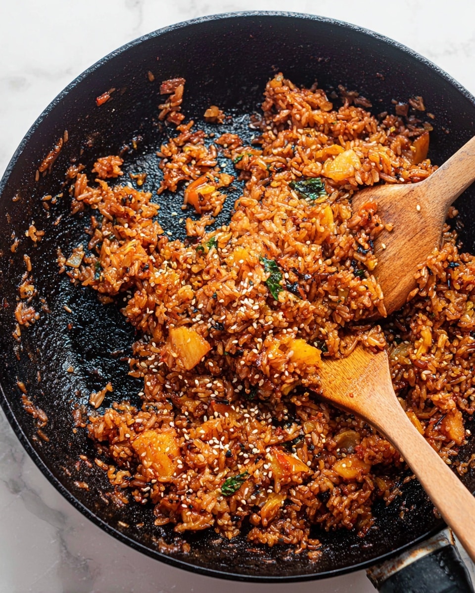 The image shows a close-up view of a black cast-iron pan with fried rice inside. The rice is dark orange-brown with some bits of yellow-orange vegetables and small green leaves mixed in. There are sesame seeds sprinkled over the rice, and the grains look moist and slightly sticky. Two wooden utensils, one spoon and one spatula, are partly lifted with the rice, showing texture and uneven pieces. The pan sits on a white marbled surface. photo taken with an iphone --ar 4:5 --v 7