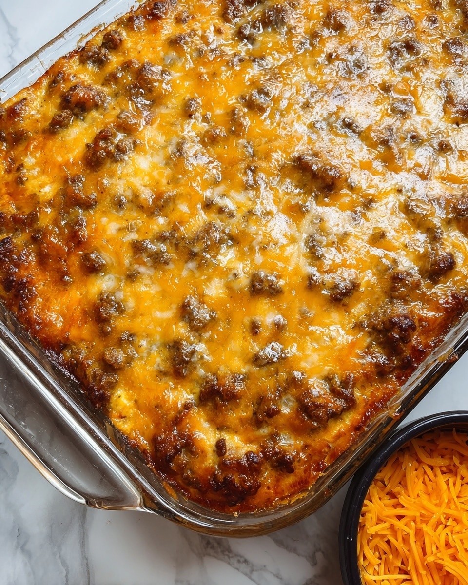 The image shows a close-up of a baked casserole with one thick layer, featuring a golden browned cheesy top with bubbly and slightly crispy spots. The cheese layer glistens with melted oil and is speckled with small pieces of browned meat evenly spread throughout. The dish is in a glass rectangular baking dish with visible handles, placed on a white marbled surface. Part of a black bowl containing shredded orange cheese is visible near the lower-right corner of the image. Photo taken with an iphone --ar 4:5 --v 7