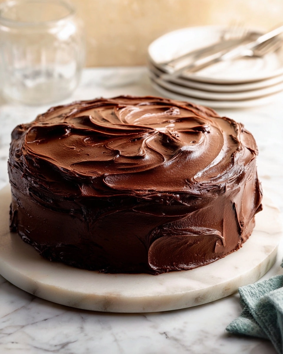 A round chocolate cake with a thick layer of dark, smooth chocolate frosting covers the entire cake. The frosting is spread in swirled patterns, creating shiny, wavy textures on the top and sides. The cake sits on a white marble round board, and in the background, there is a blurred glass container and a small stack of white plates with a fork on top, all on a white marbled surface. photo taken with an iphone --ar 4:5 --v 7