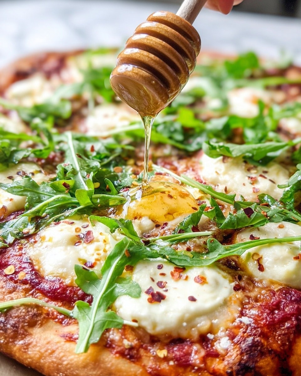 A close-up view of a pizza with a golden-brown crust topped with red tomato sauce spread evenly, patches of melted white cheese forming soft, creamy dollops, and fresh green arugula leaves scattered on top. In the center, a woman's hand holds a wooden honey dipper dripping golden honey over the pizza, adding a shiny syrup layer that glistens in the light. There are small red chili flakes sprinkled lightly across the surface, and the whole pizza is placed on a white marbled background. photo taken with an iphone --ar 4:5 --v 7