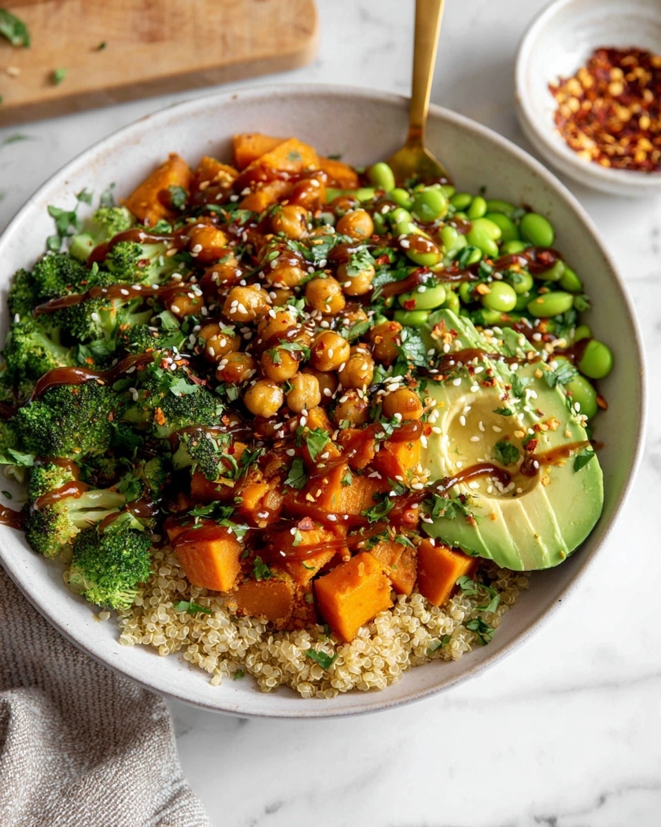 A white bowl sits on a white marbled surface filled with a colorful layered dish. The bottom layer is light beige quinoa, fluffy in texture. On top of the quinoa is a layer of diced roasted orange sweet potatoes mixed with small brown chickpeas, drizzled with a dark brown sauce. Next to that are bright green broccoli florets and light green edamame beans, with an avocado sliced fan-like, sprinkled with white sesame seeds and red chili flakes. Chopped fresh green herbs are scattered over everything. A gold spoon is resting inside the bowl, and in the background, there is a small white bowl with red chili flakes. photo taken with an iphone --ar 4:5 --v 7
