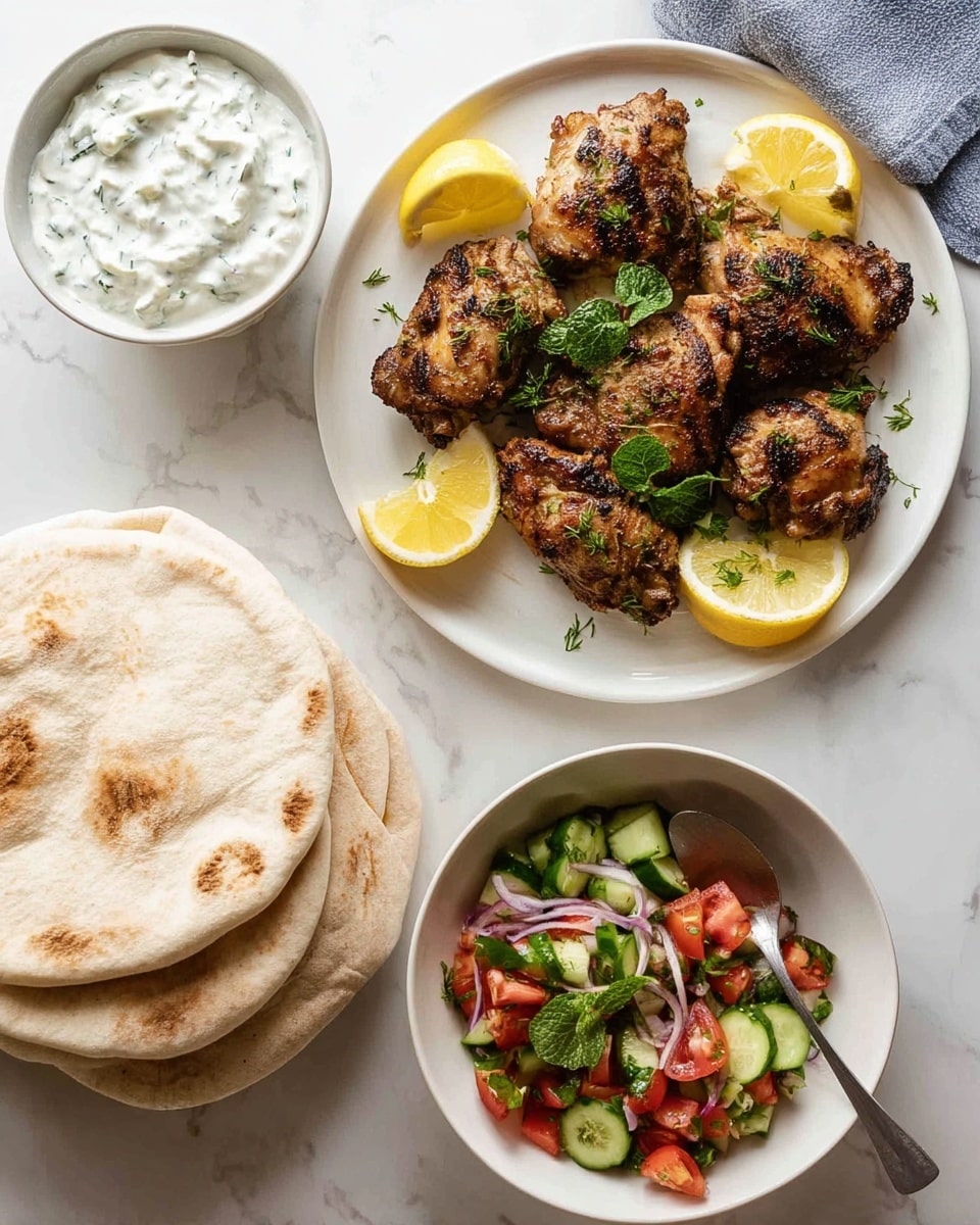 The image shows a meal arranged on a white marbled surface. In the center is a white plate with seven pieces of grilled chicken thighs, browned and slightly charred, garnished with small green herb leaves and three yellow lemon wedges placed on top and around the chicken. Below to the right is a white bowl of fresh cucumber, tomato, and red onion salad with green herbs mixed in, and a silver spoon resting in the bowl. To the left is a stack of several round, soft pita breads, off-white in color, with two lemon wedges resting on top. Above the pita is a white bowl filled with thick white yogurt sauce, speckled with green herbs. The arrangement is bright and fresh, with the colors of the food standing out against the clean white marbled background. photo taken with an iphone --ar 4:5 --v 7