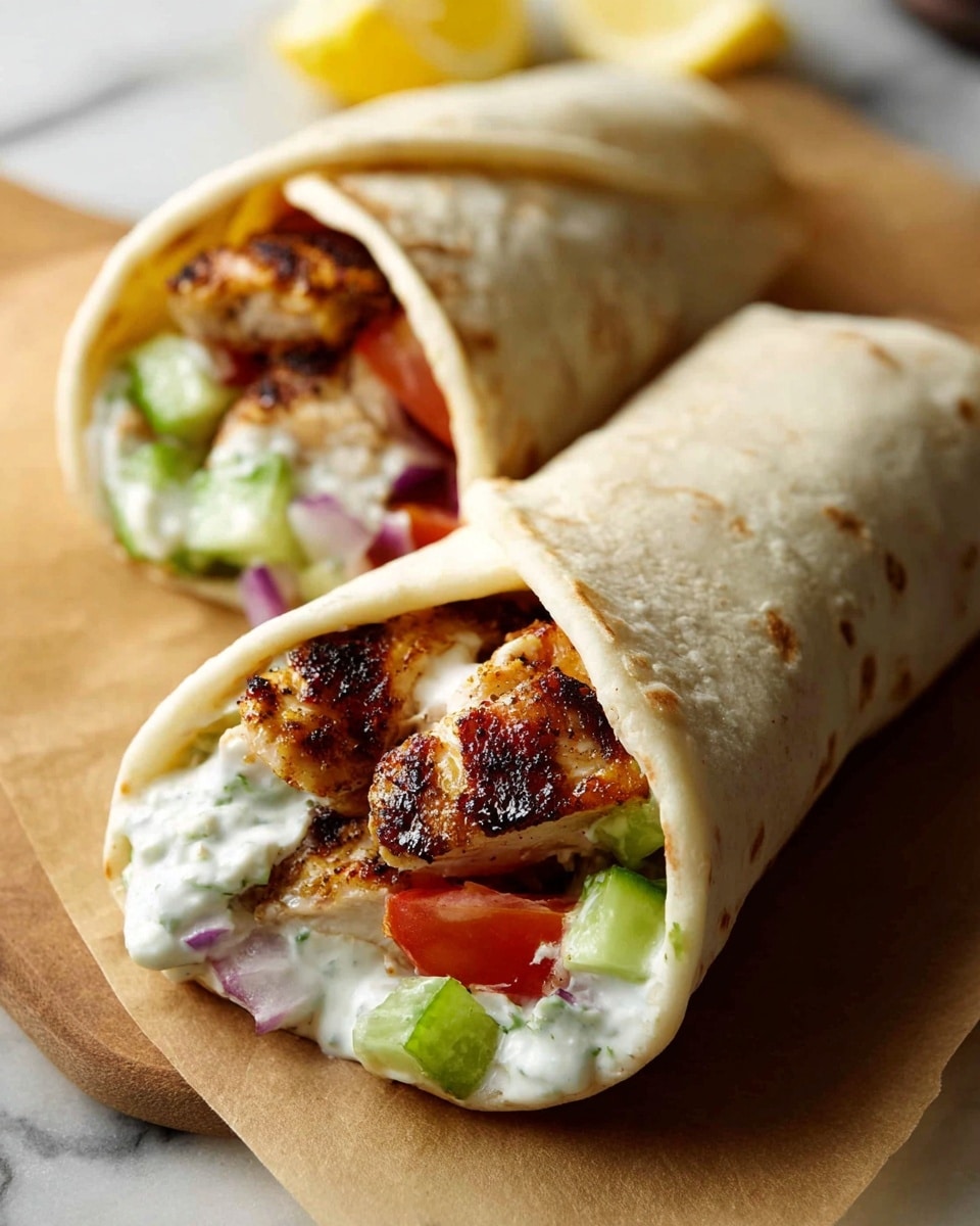 The image shows a white flatbread wrap open on a wooden board, with one layer of grilled brown meat on top of a mix of small diced green cucumber, red tomato, and purple onion at the base, covered with a white creamy sauce that drips slightly over the sides. Next to the wrap, there are lemon wedges and some green herbs on the board. In the background, there is a white plate with more grilled meat pieces and two black bowls, one filled with a white creamy dip and the other with more diced vegetables. Another wrap, folded and filled similarly, is placed on the lower right on a piece of brown parchment paper. The scene is set on a white marbled surface. Photo taken with an iphone --ar 4:5 --v 7