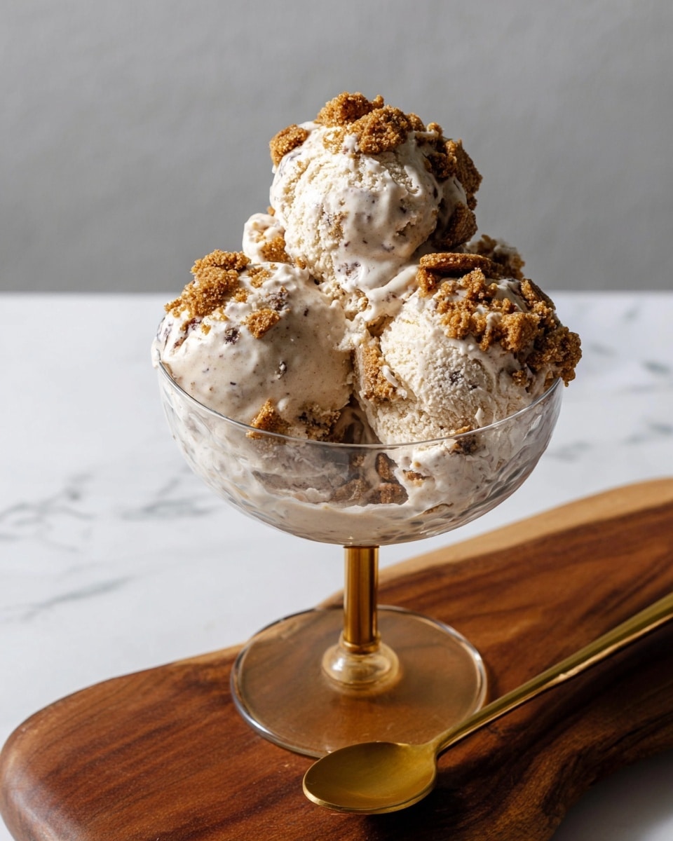 The image shows a clear glass dessert cup with a gold base filled with three scoops of creamy, light beige ice cream with small specks of darker colors inside. The top of each scoop is sprinkled with crunchy brown cookie pieces, adding texture and color contrast. The cup is placed on a wooden board, and a long golden spoon lies next to it. The background is a clean white marbled texture. photo taken with an iphone --ar 4:5 --v 7