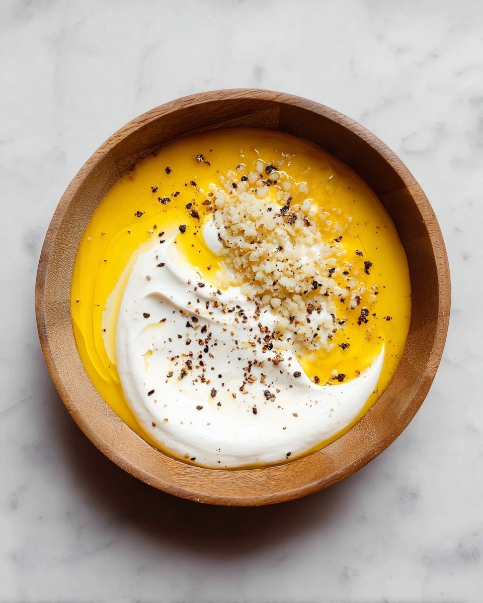 A wooden bowl sits on a white marbled surface, filled with three main layers: a smooth, bright yellow layer of oil covering more than half the bowl, a thick, creamy white layer of yogurt or sour cream to one side, and a small pile of finely chopped garlic resting on the yellow layer near the cream. The whole dish is topped with scattered black pepper bits, adding texture and contrast. photo taken with an iphone --ar 4:5 --v 7