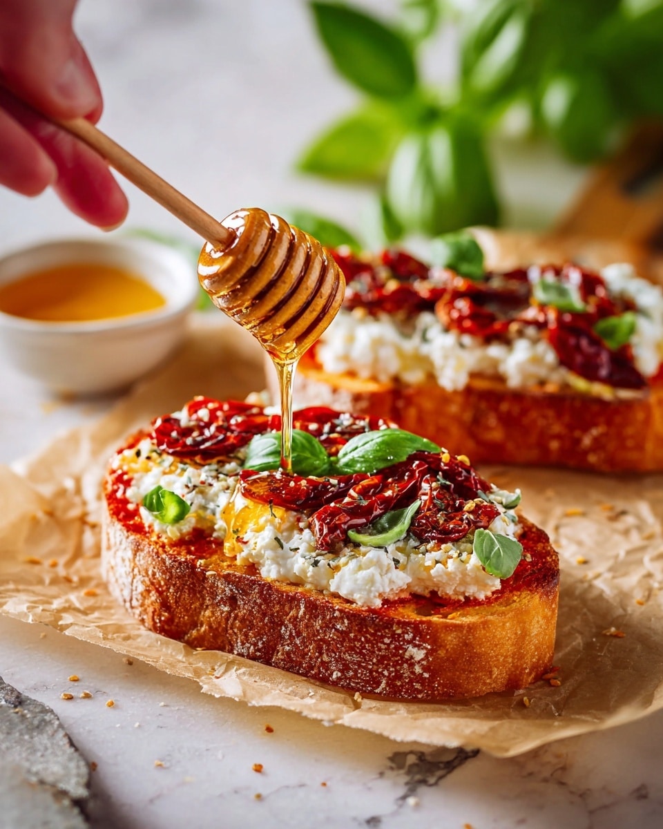 Two thick slices of toasted bread sit on parchment paper over a white marbled surface, each topped with three visible layers: a base layer of red tomato sauce, a middle layer of white cottage cheese with a soft texture, and a top layer scattered with dark red sun-dried tomatoes and green basil leaves. A woman's hand holding a honey dipper drizzles golden honey over one slice, adding shine and moisture to the ingredients. In the background, fresh basil leaves and a small white bowl filled with honey are softly blurred. Photo taken with an iphone --ar 4:5 --v 7