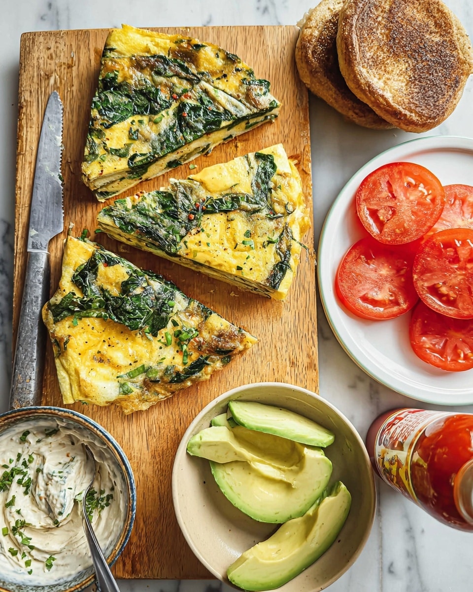 The image shows four triangular slices of a spinach omelette layered with dark green spinach leaves and light yellow cooked eggs, placed on a wooden board with a knife partially under the omelette. To the right, there is a white plate with three bright red tomato slices and several pale green avocado slices. Below the omelette, there is a beige bowl filled with a creamy white spread with green herbs, with a spoon inside. Next to the bowl, two toasted English muffins with a brown crust are stacked slightly apart. In the bottom right corner, there is a small bottle of hot sauce with a red label. The surface under all items is a white marbled texture. Photo taken with an iphone --ar 4:5 --v 7