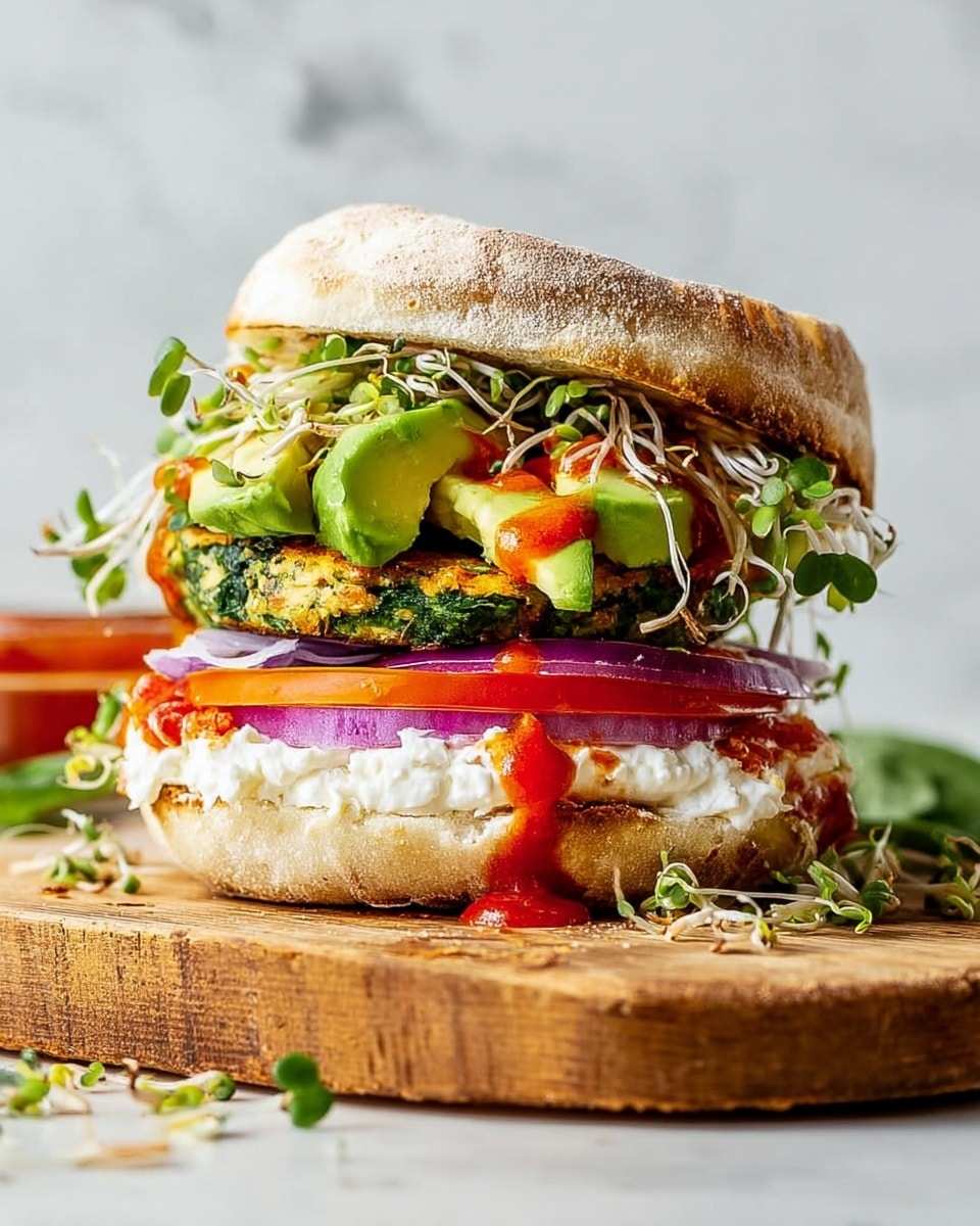 A sandwich stacked with an English muffin that is cracked and toasted as the top and bottom layers. On the bottom muffin layer, there is a thick spread of creamy white cottage cheese, followed by slices of red tomato and thin purple onion rings. Above this sits a cooked spinach patty with a slightly shiny texture, topped with bright green slices of avocado and a small handful of mixed sprouts. A drizzle of red hot sauce flows over the spinach and avocado layers. The sandwich is placed on a wooden board with some scattered sprouts and crumbs around it, set against a white marbled textured surface. Photo taken with an iphone --ar 4:5 --v 7