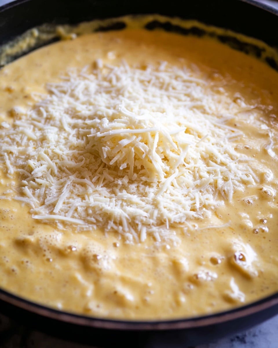 A close-up view of a creamy, thick sauce in a dark pan with a smooth, light golden-yellow layer forming the base. On top, there is a scattered sprinkle of finely grated white cheese, forming a light textured layer, with a small mound of shredded cheese in the center adding more visual detail. The sauce has a slightly shiny, rich surface with some bubbles and uneven textures from cooking. The background shows a soft, white marbled texture. Photo taken with an iphone --ar 4:5 --v 7