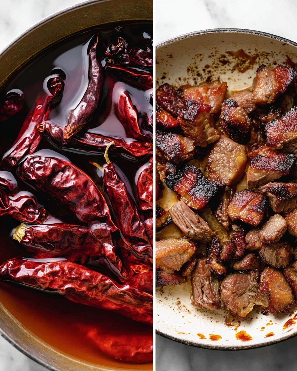 The image is split into two parts: on the left, a pot with dark red dried chili peppers soaking in deep reddish-brown water, some peppers fully submerged while others float, showing wrinkled and shiny textures; on the right, a close-up view of a white pan filled with browned, irregular-shaped pieces of cooked meat, marked with crispy, dark seared spots and varying shades of brown and pink, with bits of caramelized residue scattered around. The surface under both items has a white marbled texture. photo taken with an iphone --ar 4:5 --v 7