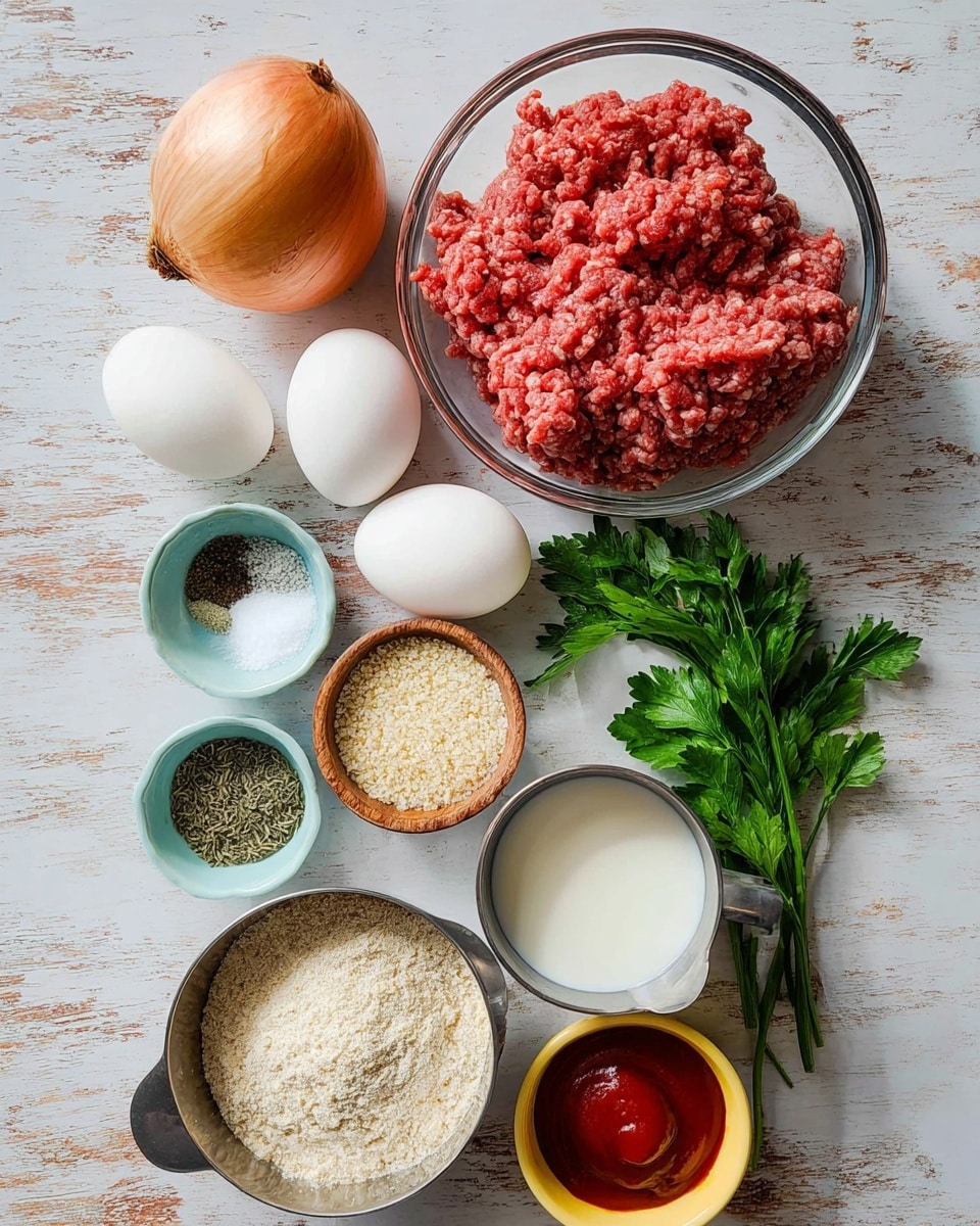 The image shows a collection of cooking ingredients arranged on a white marbled surface. At the top right is a clear glass bowl filled with raw ground meat that is red and textured. Below the bowl are fresh green parsley leaves. To the left of the meat bowl, there is a whole brown onion, a few garlic cloves, and two white eggs placed in a row. At the bottom right, a metal measuring cup contains white milk. In the center bottom, a larger metal cup holds light beige breadcrumbs. Surrounding these are three small bowls with different seasonings: black pepper in a light blue bowl, salt in a small wooden bowl, and dried herbs in a yellow bowl. Next to the eggs, a small glass bowl contains red ketchup swirled neatly inside. The setup is clean and organized, showing all ingredients clearly as if ready for a recipe. photo taken with an iphone --ar 4:5 --v 7