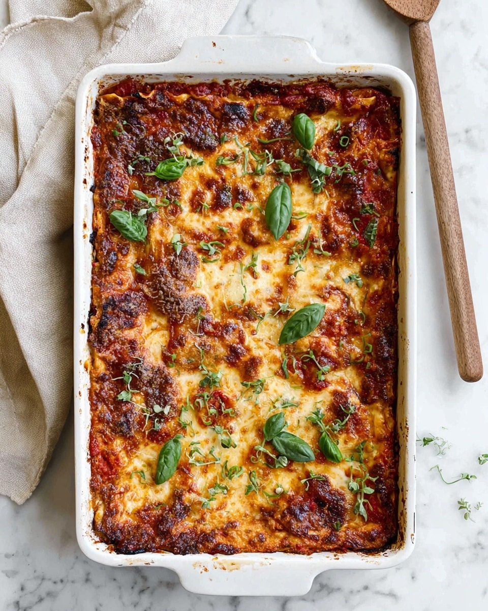 A white plate holds a layered dish with three main layers: the bottom layer is cooked quinoa mixed with small bits of ground meat, light brown and grainy in texture, the middle layer consists of green zucchini slices covered partly with red tomato sauce, and the top layer is melted cheese that is golden brown with some darker toasted spots; a bright green basil leaf sits on top, and small pieces of basil are scattered around the plate on a white marbled surface, with a corner of a white baking dish visible in the top left corner photo taken with an iphone --ar 4:5 --v 7