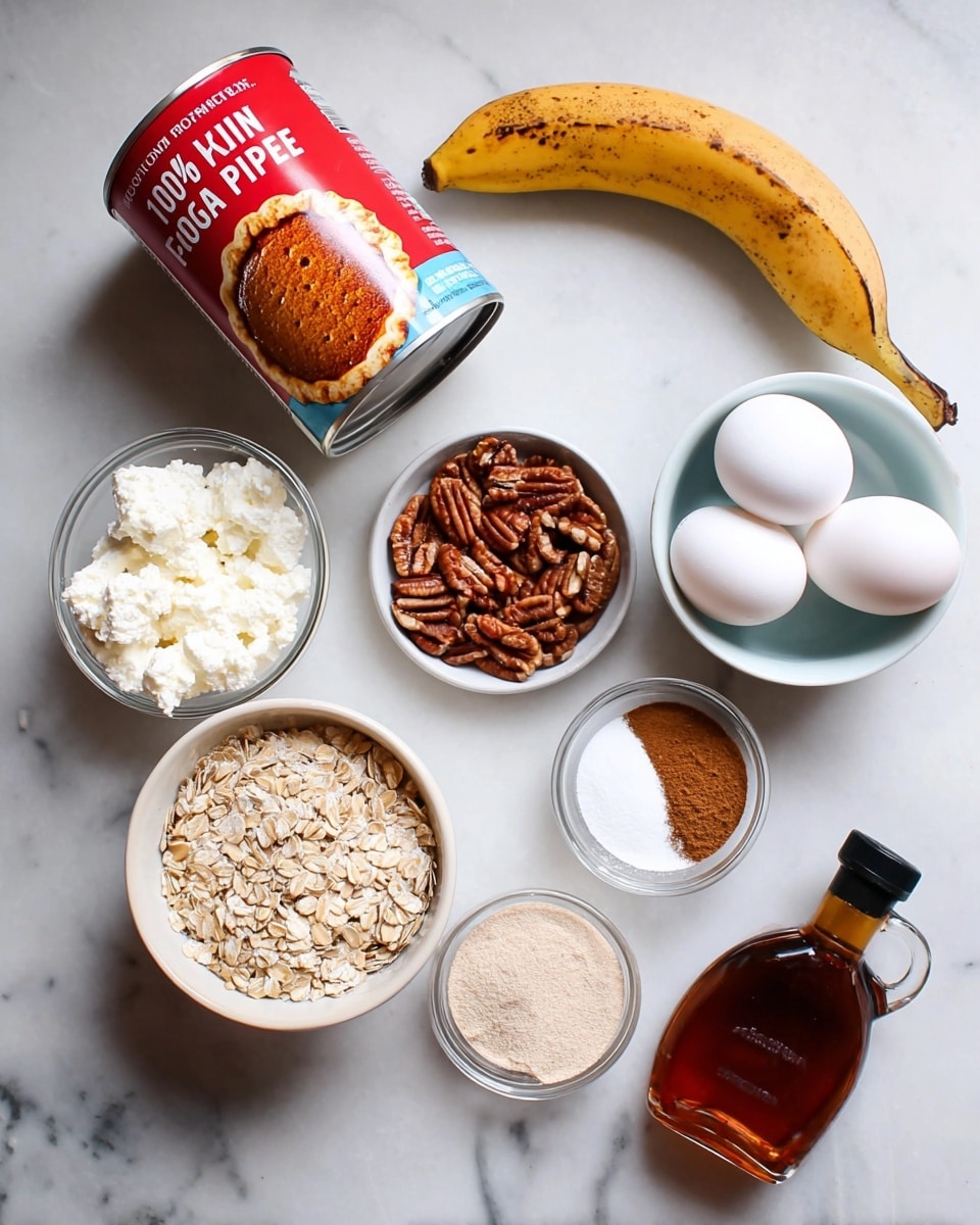 The image shows several baking ingredients arranged on a white marbled surface. There is a red can of 100% pure pumpkin with a picture of pumpkin pie on the front, lying next to a ripe yellow banana with dark spots. A white container of low-fat cottage cheese is placed near a small white bowl filled with chopped pecans. A glass bowl holds four white eggs stacked gently inside. A small white dish contains three powders in distinct sections: brown cinnamon, light beige baking powder, and white baking soda. A metal measuring cup filled with rolled oats is near the bottom of the frame, while a small glass bottle of dark amber organic maple syrup with a black cap sits to the right. The photo was taken with an iphone --ar 4:5 --v 7