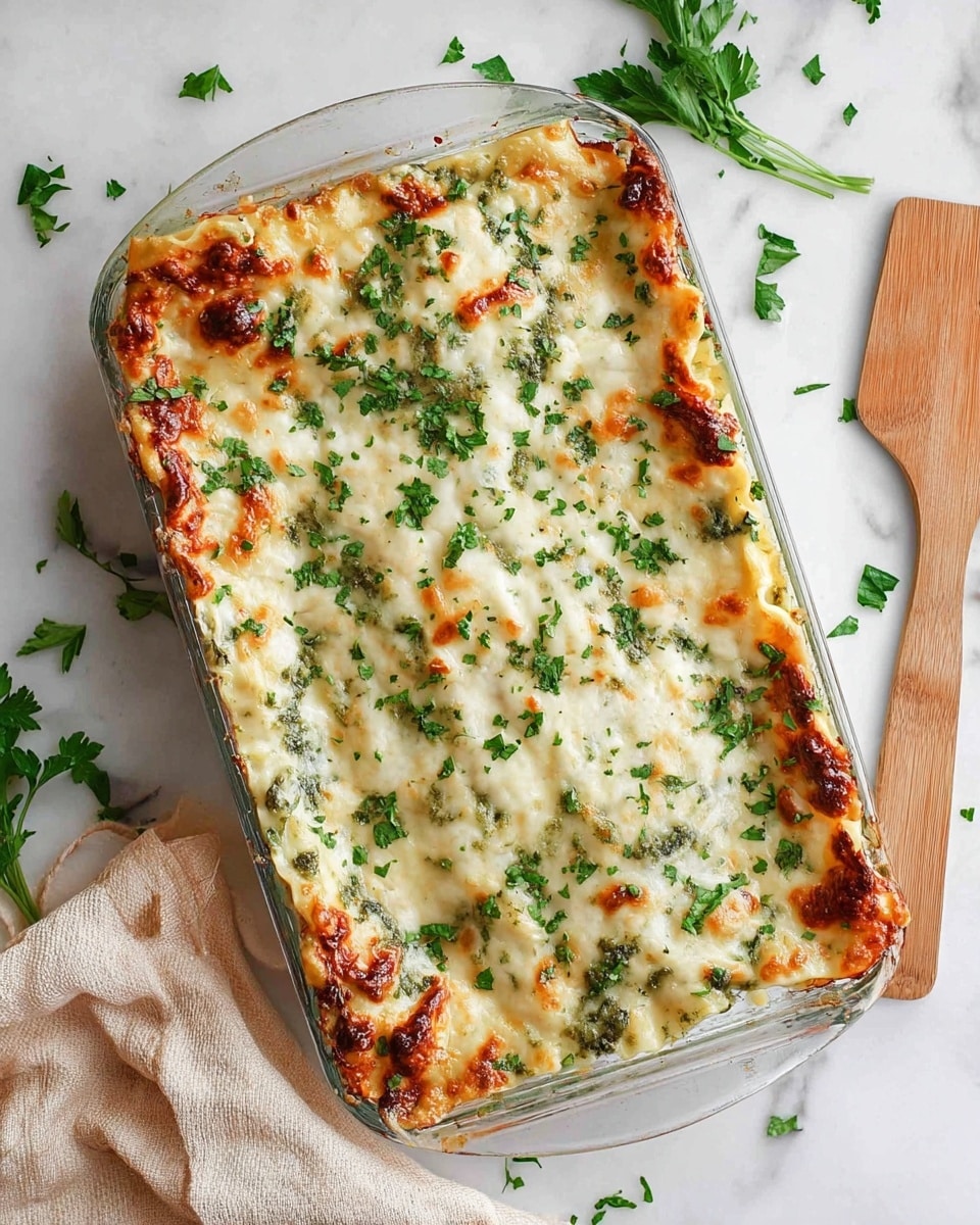 A baked lasagna in a clear rectangular glass dish, showing three layers of pasta sheets with melted white and golden-brown cheese on top, sprinkled with fresh green chopped parsley. The edges have slightly browned, bubbly cheese with some green herb peeking through the sides. The dish is placed on a white marbled surface, surrounded by scattered parsley leaves, a wooden spatula to the right, and a beige cloth napkin at the bottom-left corner. Photo taken with an iphone --ar 4:5 --v 7