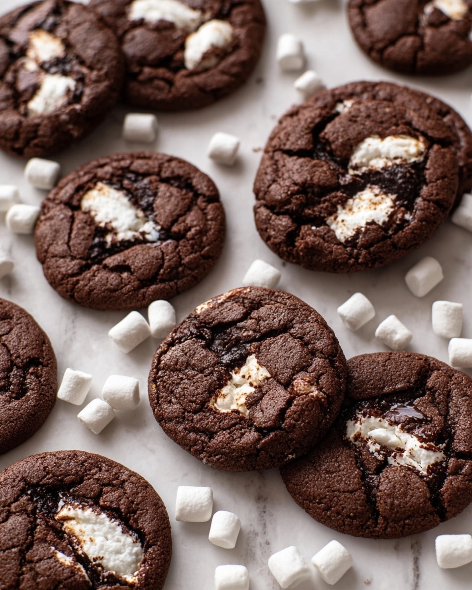 The image shows a group of dark brown chocolate cookies with cracked tops, each cookie having a white marshmallow piece melted into the center creating a soft, uneven white pattern. The cookies are scattered over a white marbled surface, some cookies overlapping, and small white mini marshmallows are spread around them casually. The texture of the cookies looks soft and slightly rough due to cracking, contrasting with the smooth, melted marshmallow spots. There is no plate or bowl visible in the image, just the cookies and marshmallows on the surface. Photo taken with an iphone --ar 4:5 --v 7