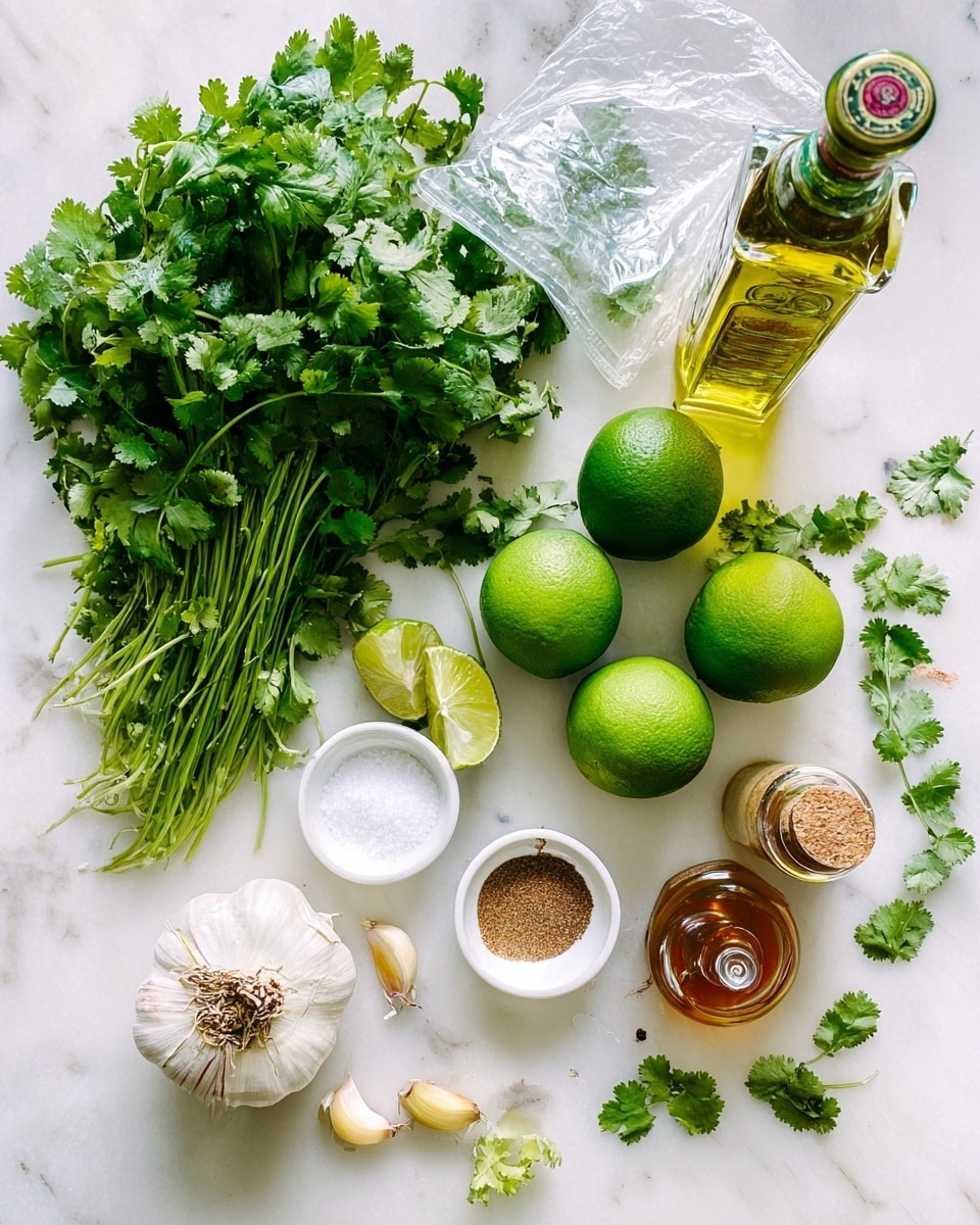 The image shows fresh ingredients arranged on a white marbled surface. There is a large bunch of green cilantro with stems and leaves in the top left corner, next to a clear plastic bag. To the right, there are six whole bright green limes, with one lime cut in half showing its light green inside. Near the bottom left, there is a bulb of garlic with some peeled cloves nearby. Three small white bowls are placed in the bottom middle, containing salt, pepper, and brown sugar. On the top right, there is a tall bottle of olive oil and a small honey bottle with its cap open. A few small cilantro leaves are scattered around all the items. photo taken with an iphone --ar 4:5 --v 7
