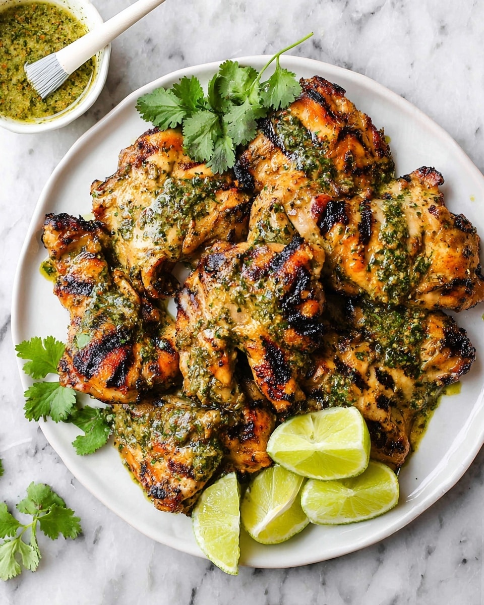 A white plate is filled with about ten pieces of grilled marinated chicken thighs, each piece showing a golden-brown color with dark grill marks and green herb sauce spread unevenly over the chicken. Fresh green cilantro leaves are scattered on top and around the chicken. On the right side of the plate, there are three lime wedges with a light green outer peel and bright yellow-green flesh. A small white bowl with green herb sauce and a white brush is partially visible in the top left corner of the image. The background surface is white marble with light gray veins. photo taken with an iphone --ar 4:5 --v 7