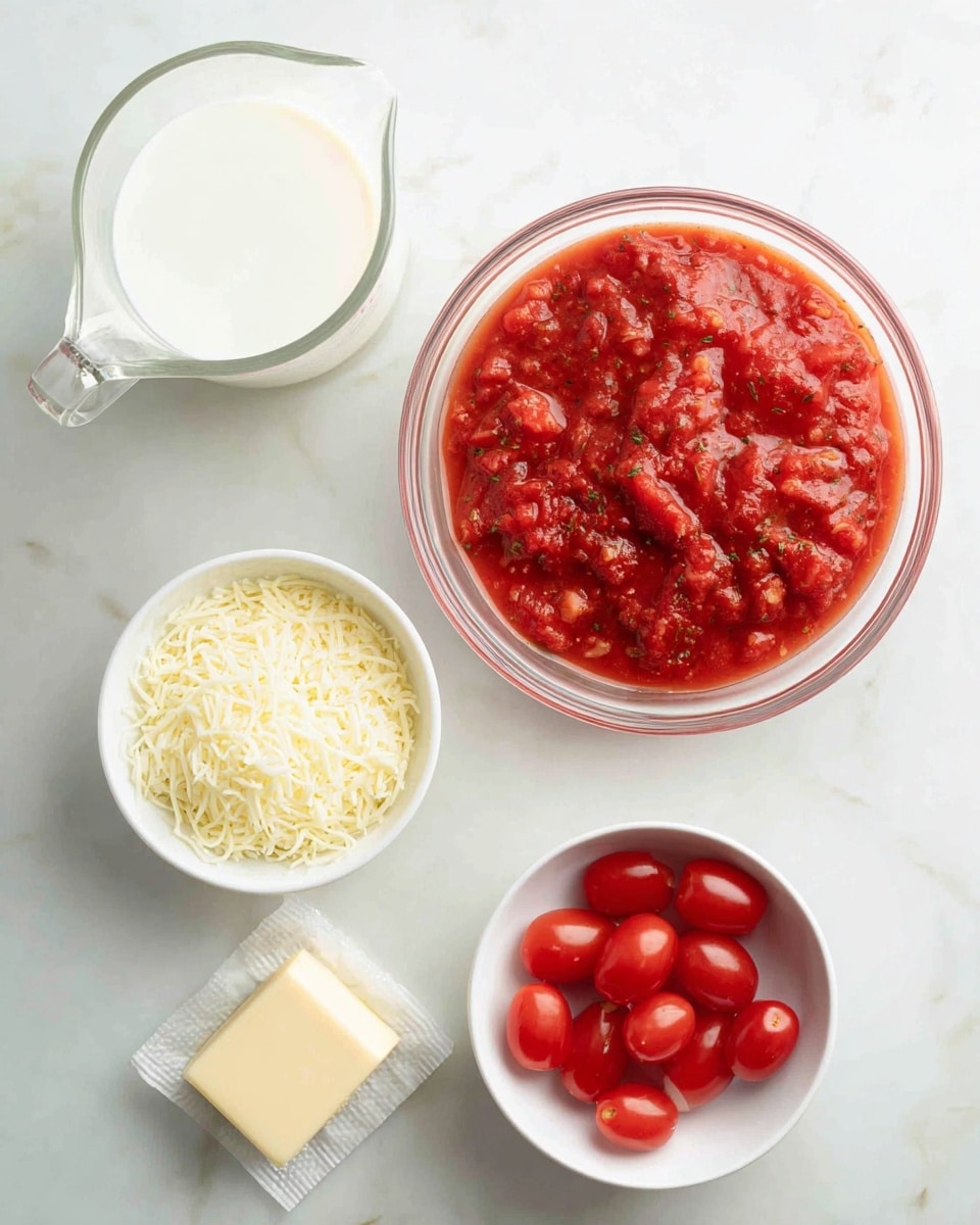 The image shows five ingredients on a white marbled surface: a large clear glass bowl filled with chunky red tomato sauce with herbs, a small white bowl full of shredded pale yellow cheese, a small white bowl with bright red halved cherry tomatoes, a small block of light yellow butter on a white wrapper, and a clear glass measuring cup with white milk. The items are arranged in a loose circle with the sauce bowl at the top left and the milk cup at the bottom right. Photo taken with an iphone --ar 4:5 --v 7