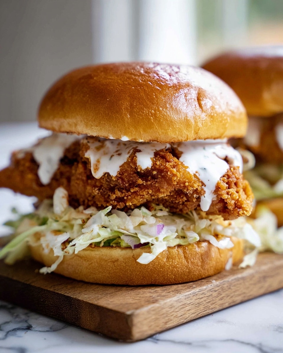 A close-up image of a sandwich on a wooden board against a white marbled surface, showing three main layers: at the bottom, shredded lettuce with white and light green colors; in the middle, a thick, crunchy, golden-brown fried piece of chicken with a rough texture; on top of the chicken, a layer of white creamy sauce dripping slightly from the edges; all sandwiched between two soft, shiny, light brown sandwich buns with a smooth texture on top. photo taken with an iphone --ar 4:5 --v 7