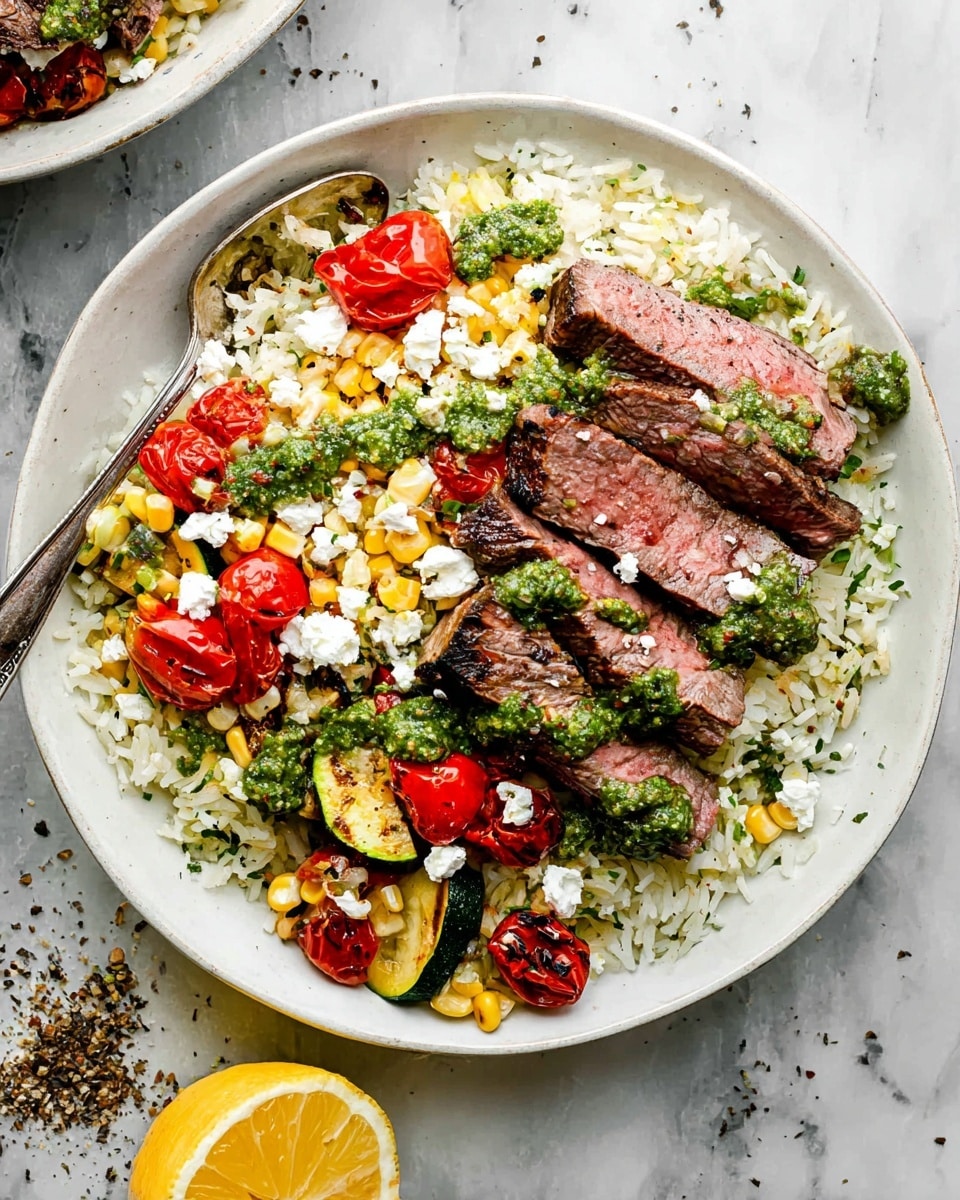 A white plate holds a layered dish starting with a bed of white rice mixed with grilled corn kernels and chopped green herbs. On top of the rice, several slices of seared steak are arranged in a fan shape, showing a pink center and browned edges. Around and on the steak, there are pieces of grilled zucchini and bright red cherry tomatoes, some slightly charred. The dish is garnished with crumbled white cheese and dollops of green chimichurri sauce scattered evenly. A lemon wedge with black pepper sits on the side of the plate. The plate is set on a white marbled surface with a silver spoon resting on the left side. Photo taken with an iphone --ar 4:5 --v 7