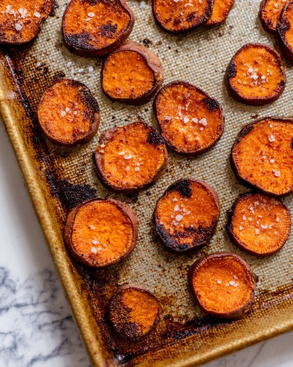 A close-up view of a baking sheet filled with evenly spaced, round slices of roasted sweet potatoes. Each slice has a crispy, slightly burnt dark brown edge, with a bright orange center speckled with small grains of salt. The sweet potatoes have a textured, slightly wrinkled surface, showing a mix of charred spots and soft roasted areas. The baking sheet has a worn, light gold color with a textured pattern and bits of burnt residue scattered around the sweet potato slices. The background beneath the tray is a white marbled surface. photo taken with an iphone --ar 4:5 --v 7