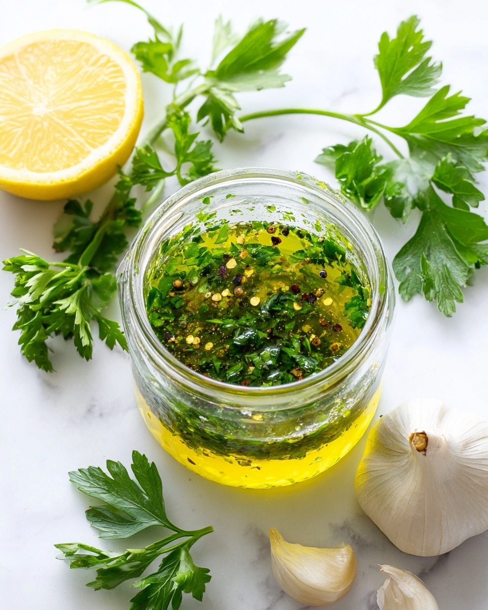 A small clear glass jar filled with two visible layers: a bottom layer of bright green chopped herbs with a fresh texture, and a top layer of golden-yellow oil with tiny black pepper flakes spread throughout. Surrounding the jar are bright green parsley leaves, two halves of a fresh yellow lemon showing their juicy, pale yellow interior, and a whole white bulb of garlic with its papery skin partially peeled. All items rest on a white marbled surface. photo taken with an iphone --ar 4:5 --v 7