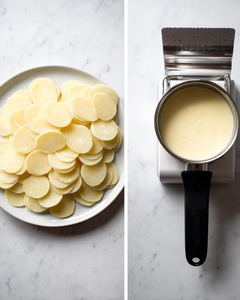 The left side shows a white plate filled with many thin, round, pale yellow potato slices stacked loosely in a pile. Next to the plate is a white and silver slicer with a blade. On the right side, there is a small shiny metal pot filled with a smooth light yellow sauce or cream, sitting on a white marbled surface. Photo taken with an iphone --ar 4:5 --v 7