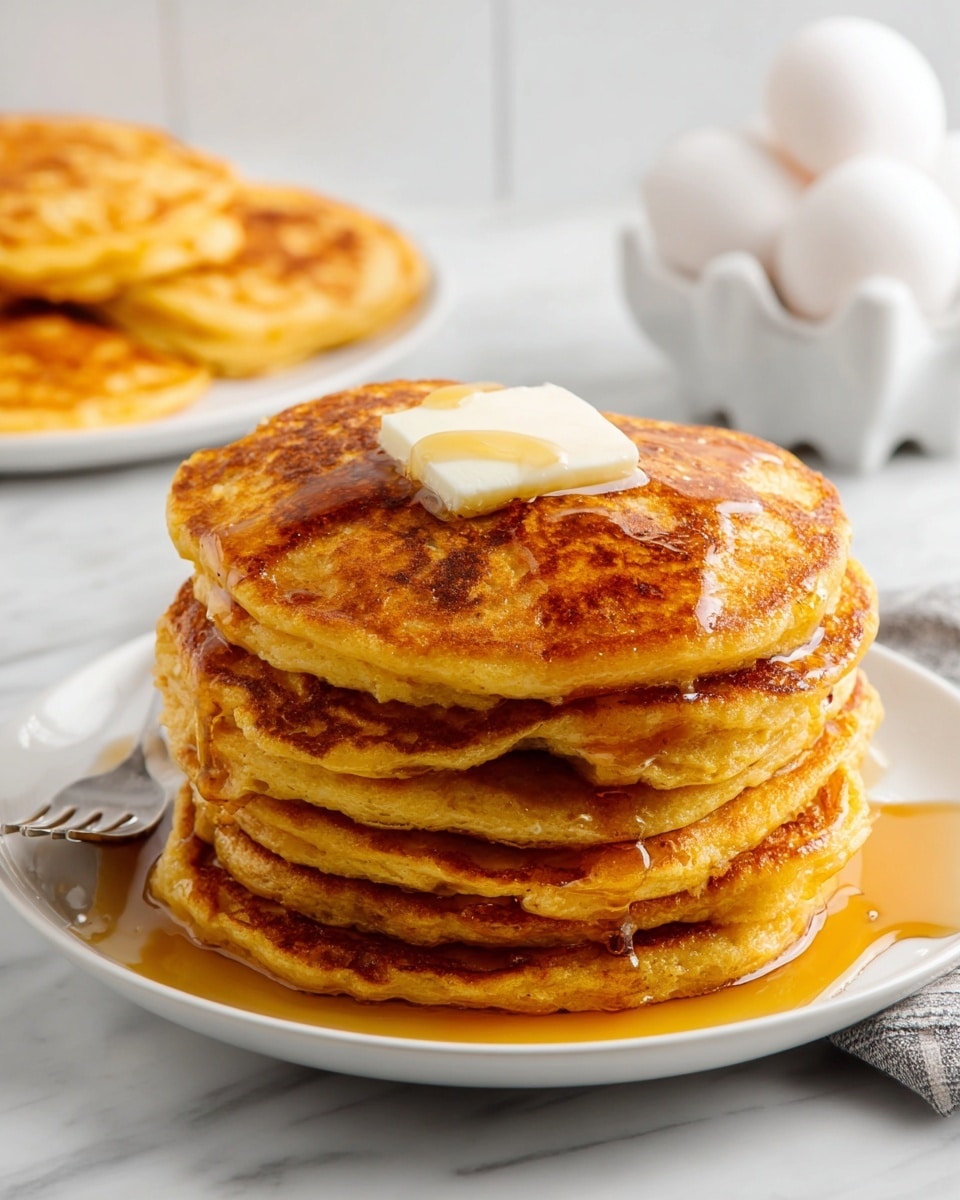 A stack of seven thick, golden-orange pancakes sits in the middle of a white plate on a white marbled surface. The edges of each pancake are slightly crispy and uneven, showing a soft, porous texture inside. On top of the stack, a square pat of pale yellow butter slowly melts, with amber maple syrup gently dripping down the sides of the pancakes. In the blurry background, there is another white plate with a few more pancakes and a white egg holder holding four whole white eggs. A silver fork lies on the white marbled surface near the front edge of the plate. Photo taken with an iphone --ar 4:5 --v 7