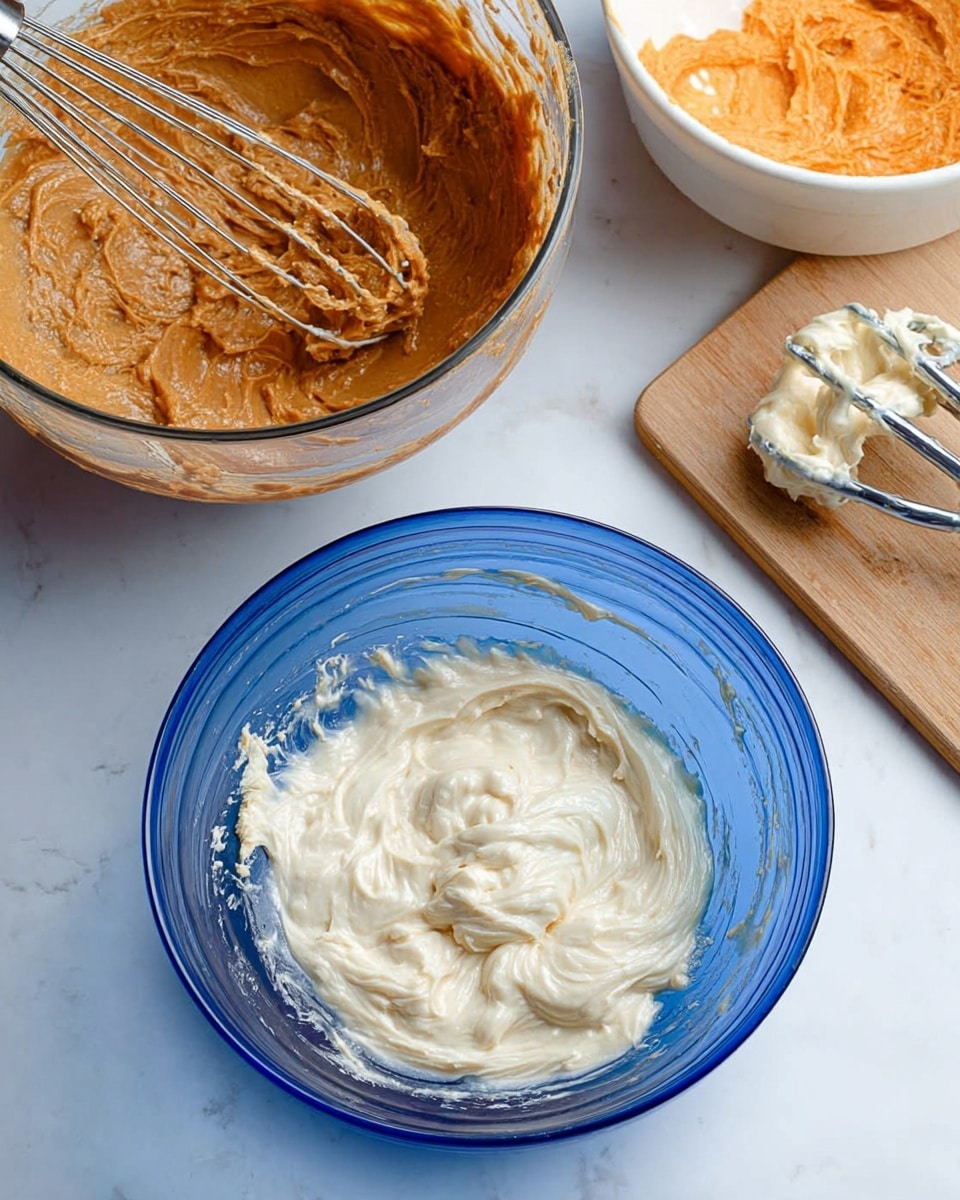 The image shows three bowls on a white marbled surface. In the bottom center, there is a blue glass bowl filled with a thick, creamy white mixture with a swirled texture. Above it, on the left, another blue glass bowl contains a thick brownish-orange batter with a whisk resting inside. On the top right, partially visible, is a white bowl with an orange mixture, next to a small wooden cutting board holding a metal mixer attachment with some cream on it. Photo taken with an iphone --ar 4:5 --v 7