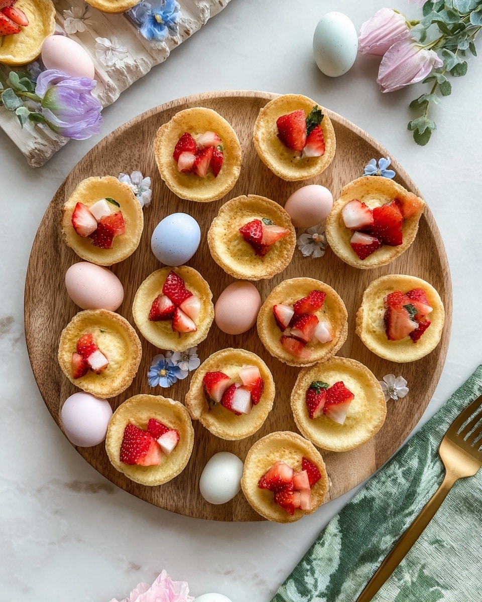 A round wooden board holds 20 small golden pancake cups, some topped with chopped red and white strawberries while others are plain. The pancake cups have a soft, fluffy texture with a light brown edge and a yellow center. They are placed evenly across the board in a scattered pattern. Around the board, there are pastel pink and white eggs and delicate small flowers in light blue, purple, and white colors. A white marbled surface forms the background, with a golden fork resting on a green leafy napkin near the bottom right. photo taken with an iphone --ar 4:5 --v 7