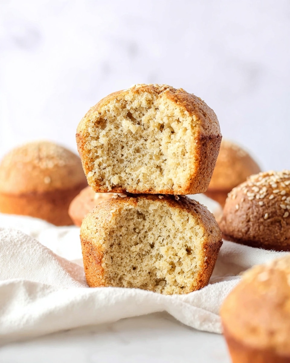 The image shows four round bread rolls with a rough, textured light brown crust sprinkled with white sesame seeds on top. One roll is split open, revealing a soft, crumbly off-white inside with a generous spread of smooth yellow butter being spread by a metal knife. The rolls sit on a soft white cloth on a white marbled surface, with scattered crumbs around. The scene is close-up and bright, highlighting the bread's textures and the creamy butter spread photo taken with an iphone --ar 4:5 --v 7