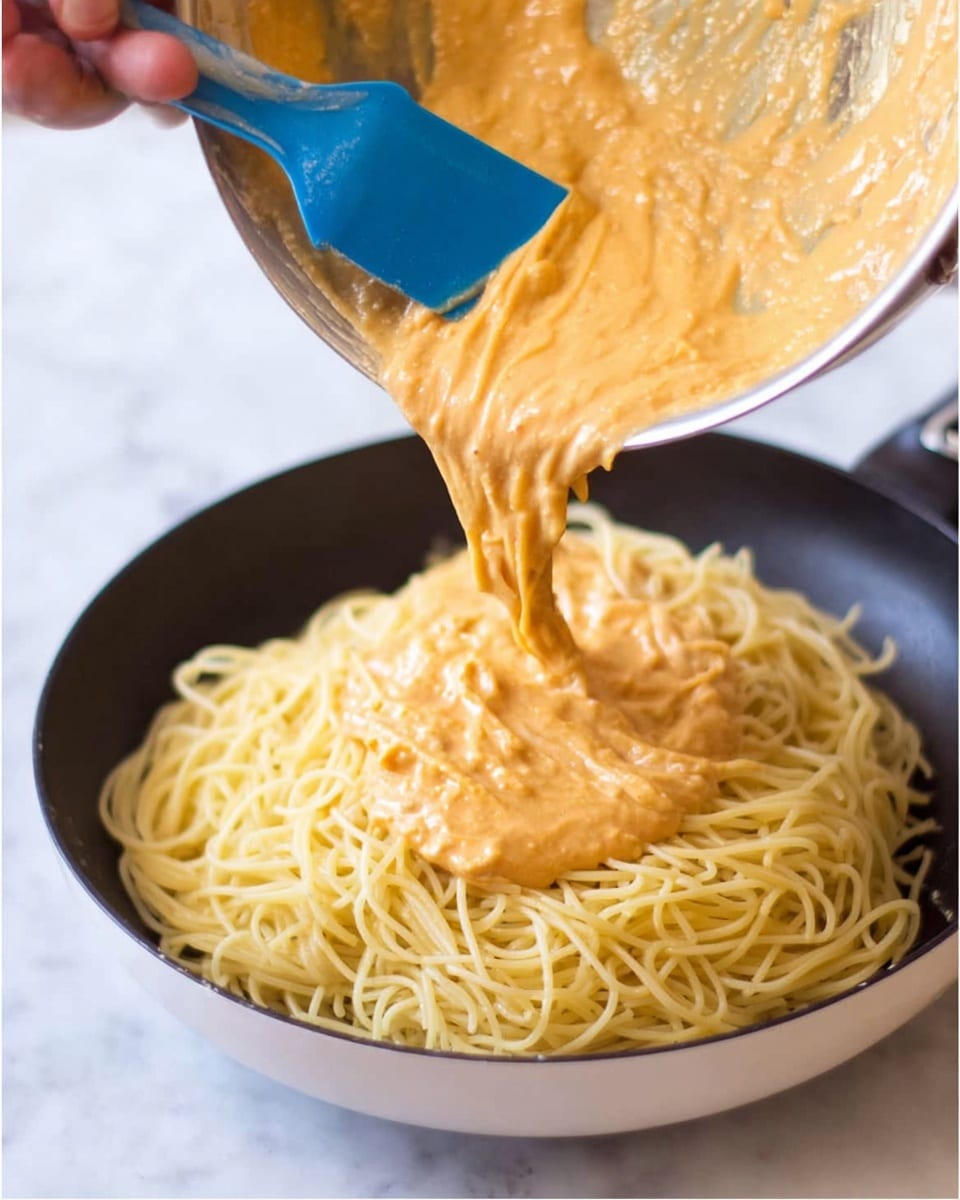A close-up image shows a white bowl full of cooked thin yellow spaghetti noodles. On top of the noodles, a creamy orange sauce with a thick texture is being poured from a black pan. A woman's hand holds a blue spatula that scrapes the sauce out of the pan. The background is a white marbled surface. The colors are warm with the contrast of the pan and spatula against the light noodles. photo taken with an iphone --ar 4:5 --v 7