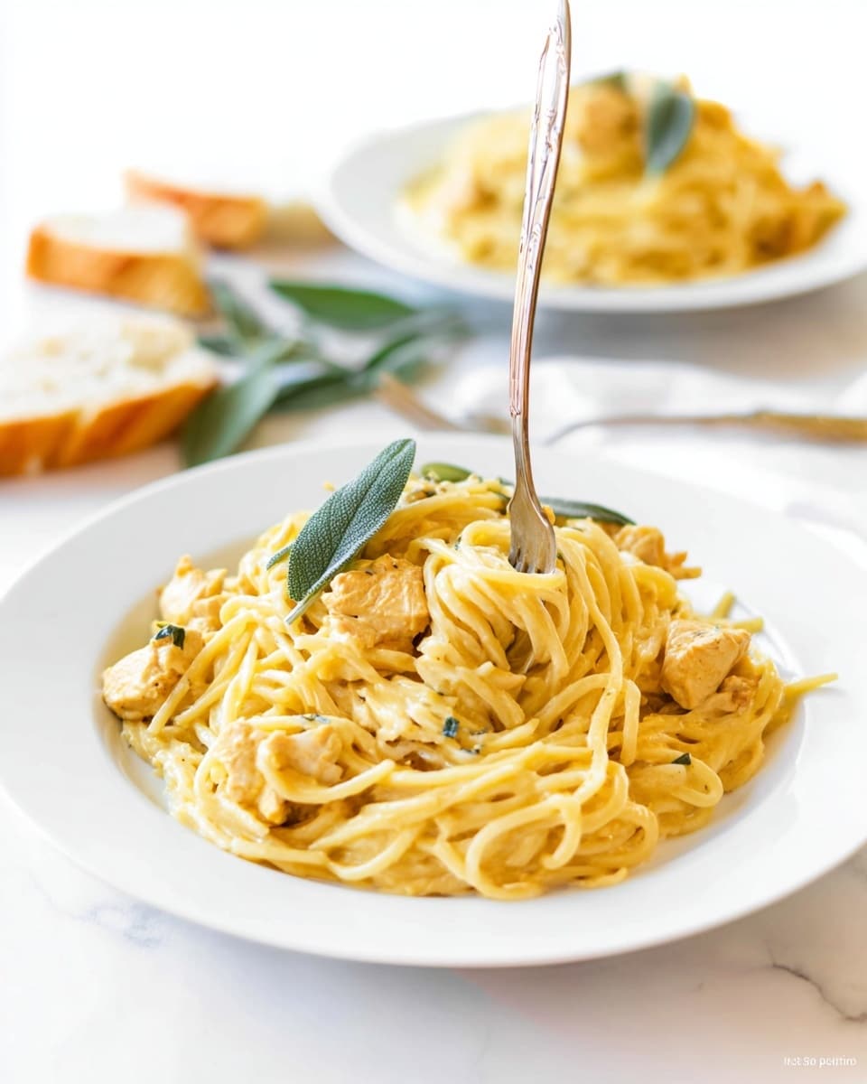 A white plate filled with a mound of creamy yellow pasta mixed with small pieces of light tan chicken, topped with several green sage leaves. A fork is stuck vertically into the pasta on the right side of the plate. In the soft-focused background, there is another white plate with a similar serving of pasta and some green leaves alongside a few pieces of sliced bread on a white marbled surface. The lighting is bright and soft, emphasizing the colors and textures clearly. Photo taken with an iphone --ar 4:5 --v 7