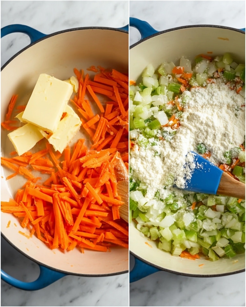 The first image shows a white pot with three layers inside: a block of light yellow butter on the left, bright orange thin carrot sticks spread across the center, and chopped pale green celery and white onions mixed on the right. The second image shows the same white pot with the vegetables now sprinkled with white flour on top, and a blue spatula stirring everything in the pot, mixing the orange, green, and white colors all together. The pot sits on a white marbled surface photo taken with an iphone --ar 4:5 --v 7