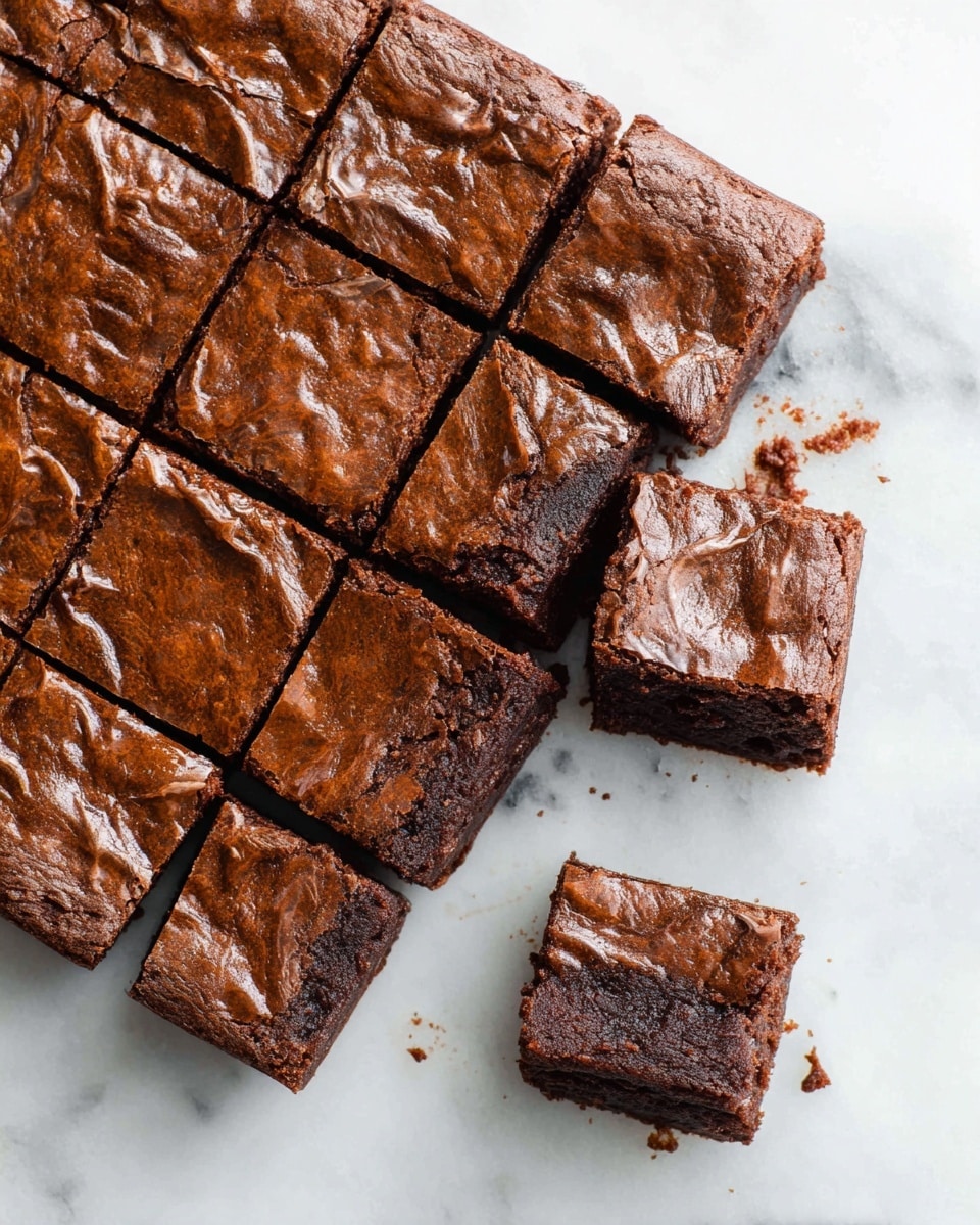 A large square brownie is cut into nine equal smaller squares on a white marbled surface. The brownie has a shiny, slightly wrinkled dark brown top layer that looks crispy. One piece is pulled slightly away from the main square, showing a moist, dense inside with a rich chocolate color. The edges of the brownie pieces are firm, with some crumbs scattered on the white marbled surface around them. Photo taken with an iphone --ar 4:5 --v 7