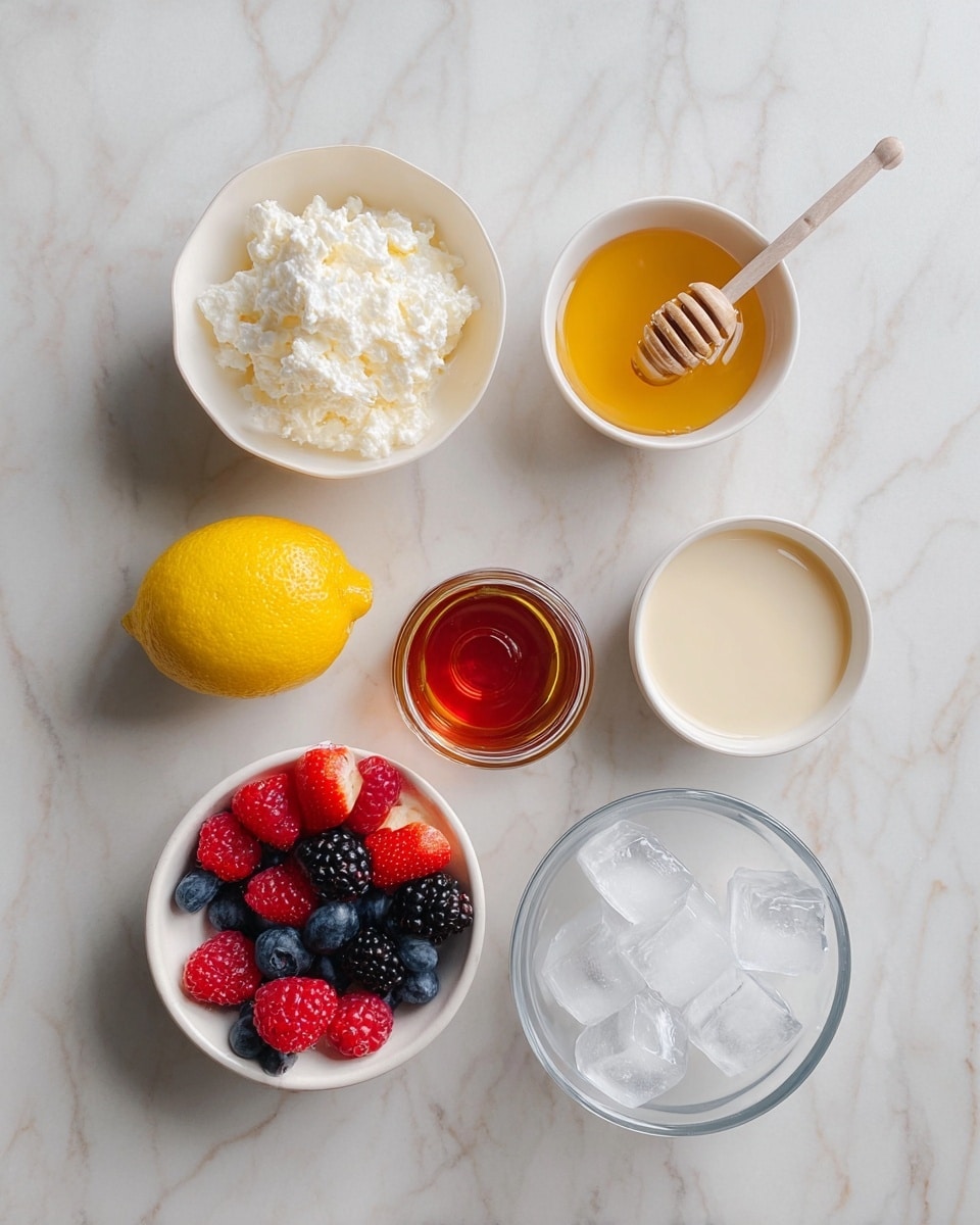 The image shows seven items neatly placed on a white marbled surface. At the top left is a white bowl filled with a thick, white, and lumpy substance. To its right, a small white bowl holds golden honey with a wooden honey dipper resting in it. Below these, in the middle, is a whole bright yellow lemon to the left and a small glass jar with amber liquid in the center. Next to the jar on the right is a small white bowl filled with a pale creamy liquid. At the bottom left, a white bowl contains a mix of fresh berries, including strawberries, raspberries, a blackberry, and a blueberry. Finally, to the right of the berries, a clear glass bowl holds several ice cubes. The arrangement is clean and simple, with soft natural lighting. photo taken with an iphone --ar 4:5 --v 7