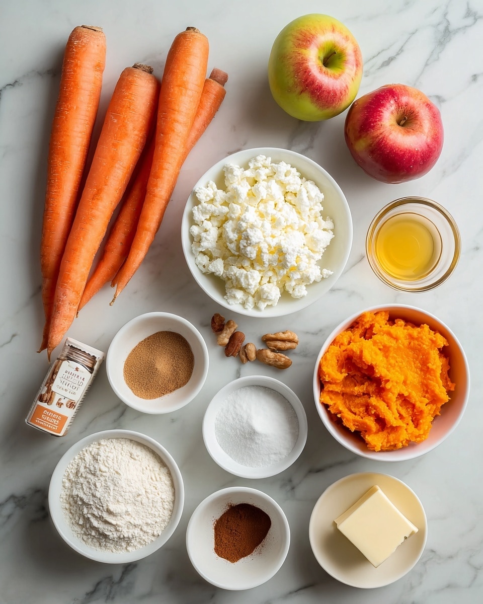 The image shows many ingredients arranged on a white marbled surface. There are whole orange carrots, with some peeled and placed in a clear bowl on the left side. Two whole apples, one red and one green, sit near the top. In the middle, there's a small white bowl filled with white cottage cheese-like curds. To the right of that, another white bowl holds a bright orange mashed ingredient. Around these, there are several small white bowls with light brown sugar, dark brown sugar, cinnamon powder, white flour, a pale yellow cube of butter, and a golden liquid that looks like honey or syrup. A few whole nuts or seeds are scattered near the top middle. The overall layout looks clean and organized, with colors ranging from orange, white, green, brown, and pale yellow. photo taken with an iphone --ar 4:5 --v 7