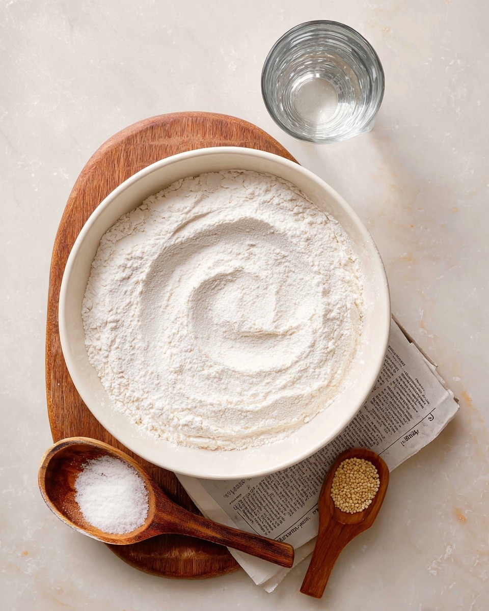 A white bowl filled with a fine layer of white flour showing soft swirls on top sits on a wooden board partly covered with a piece of newspaper. Next to the bowl, there are two small wooden spoons, one filled with white salt and the other with beige yeast granules. Above the bowl, a clear glass of water with light reflections is placed. The entire scene is set on a white marbled surface, giving a clean and light background. photo taken with an iphone --ar 4:5 --v 7