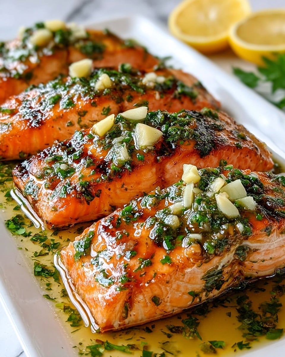 The image shows four orange salmon fillets placed closely on a white plate, each topped with small pieces of yellow lemon and green herbs in a light, glossy sauce. The salmon fillets have a soft, tender texture with visible lines and a bright orange color. Around the fillets, there are several lemon wedges adding a fresh touch, while the whole dish rests on a white marbled surface that contrasts with the vibrant colors of the food. Photo taken with an iphone --ar 4:5 --v 7