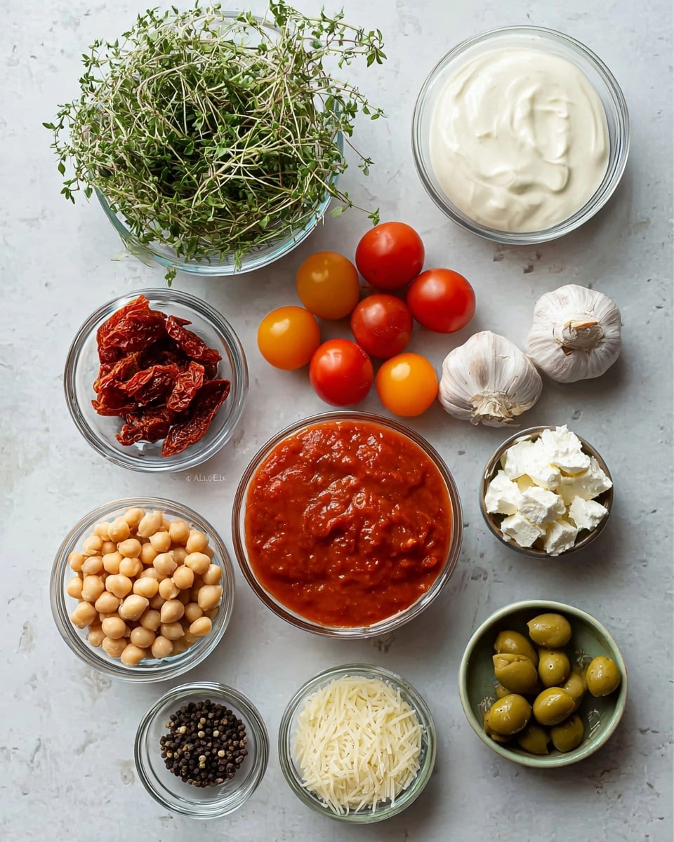 The image shows a flat lay of various fresh ingredients arranged on a white marbled surface. On the top left, there is a clear bowl filled with green herbs that have small leaves and thin stems. Next to it on the right, a small clear bowl holds creamy white yogurt or sauce with a smooth texture. Below and just right of this, two halved and several whole small tomatoes in red and orange shades are placed, along with several whole garlic bulbs and cloves. Toward the bottom left sits a small bowl of sun-dried red tomatoes, a bowl of light beige chickpeas, and a bowl of shredded white cheese. In the center bottom is a larger bowl filled with thick, red tomato sauce with some visible texture. On the right at the bottom, a small bowl of black peppercorns is next to shiny green olives, and another small bowl contains white cottage cheese or a similar soft cheese. All ingredients are neatly spaced against the clean white marbled background creating a fresh and natural feeling. Photo taken with an iphone --ar 4:5 --v 7