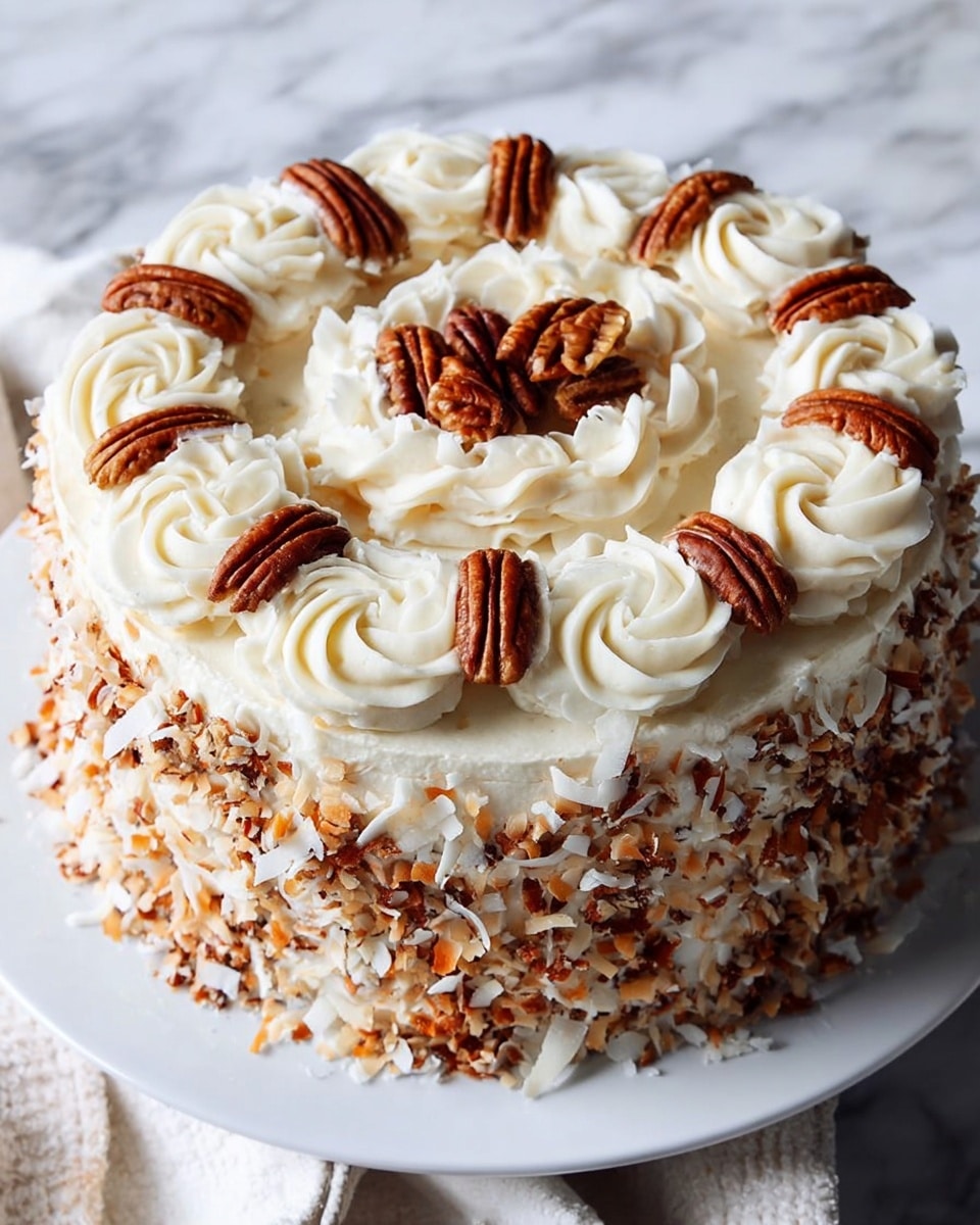 The cake is round with three visible layers covered in thick white cream frosting. The top layer is decorated with swirls of cream forming a large central circle with toasted pecan halves arranged in a ring around it. More cream swirls are placed in a circle near the edge of the cake, with toasted coconut flakes sprinkled over the top and sides. The sides of the cake are fully covered in white cream with small toasted coconut flakes pressed against it, creating a textured look. The cake sits on a white plate against a white marbled surface background. photo taken with an iphone --ar 4:5 --v 7