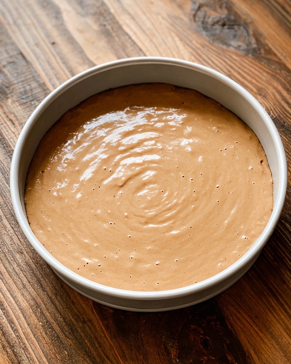 A simple scene shows a round, white cake pan filled with light brown, smooth batter with small air bubbles on the surface. The batter is evenly spread, and there are gentle swirls and ridges on top. This pan sits on a wooden table with a natural color and grain. The background is a white marbled texture. photo taken with an iphone --ar 4:5 --v 7