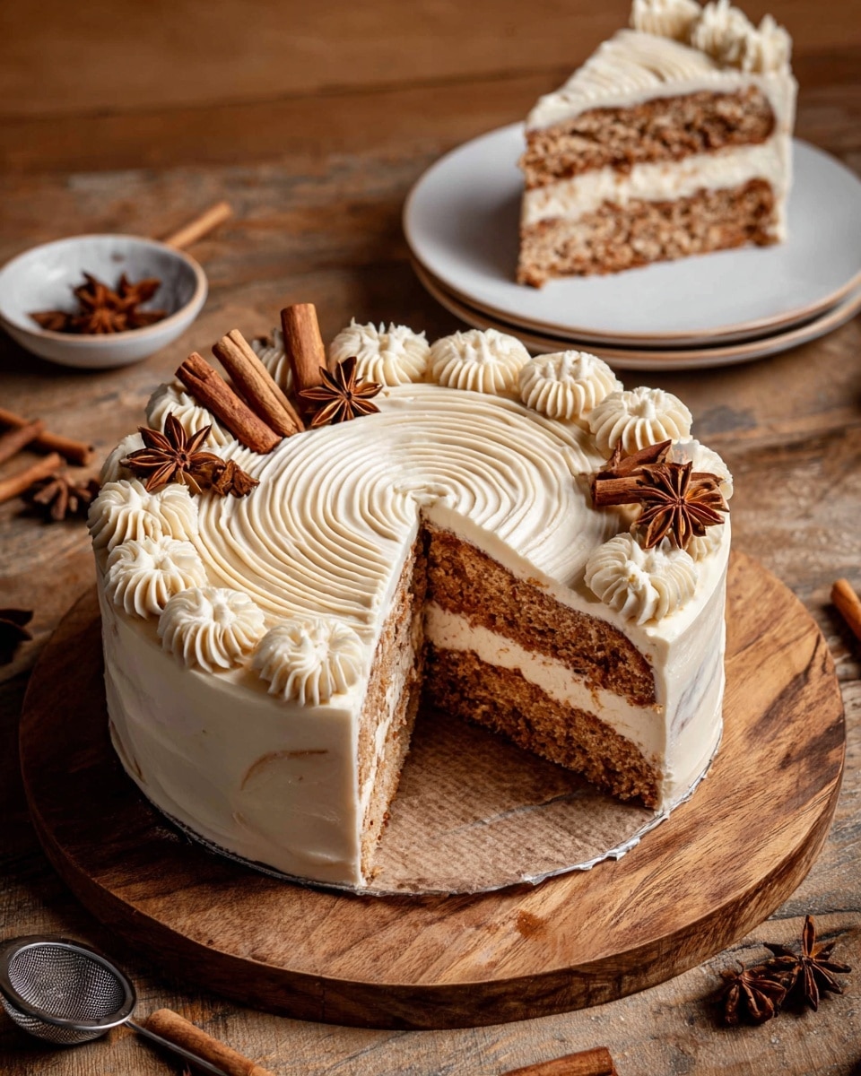 The image shows a two-layered round cake on a wooden board, with a slice removed and placed in front. Each layer of the cake is light brown with a textured crumb, separated by thick, smooth white cream. The top of the cake has a smooth, creamy frosting with spiral patterns and small piped cream decorations all around the edge. On one side of the top are three cinnamon sticks and several star anise pieces arranged neatly. In the background, a white plate holds the removed slice, showing the two light brown layers and white cream inside. The surface has a warm wooden texture with a small bowl of star anise and a small sieve nearby. Photo taken with an iphone --ar 4:5 --v 7